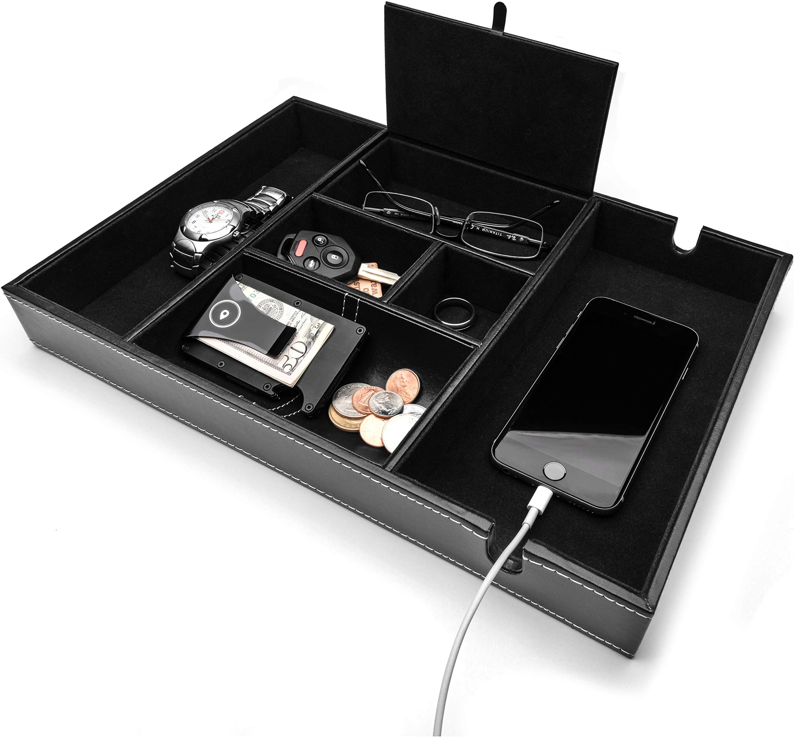 ULTRAY, Valet Tray for Men, Nightstand Organizer, Entry Table Organizer, Catch All, Black Faux Leather Box, 6 Compartments