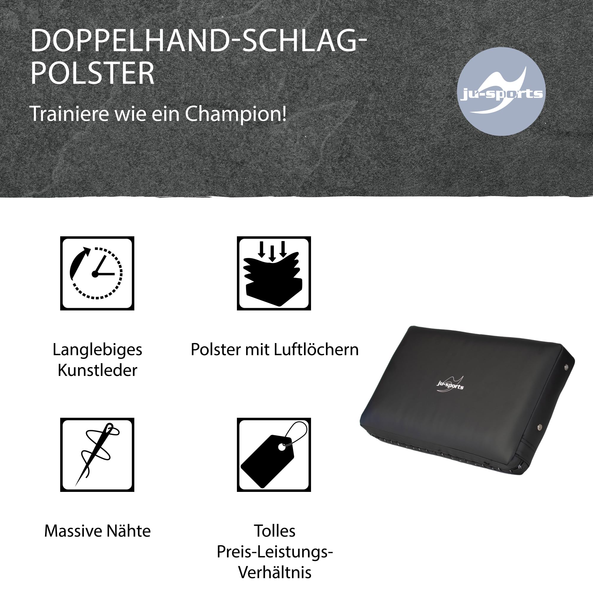 Ju-Sports Doppelhand Schlagpolster Kampfsport 1 STK I Große Pratze aus Kunstleder I Ideal zum Trainieren von Kicks I 3 Klettschlaufen I 48 x 28 x 8cm