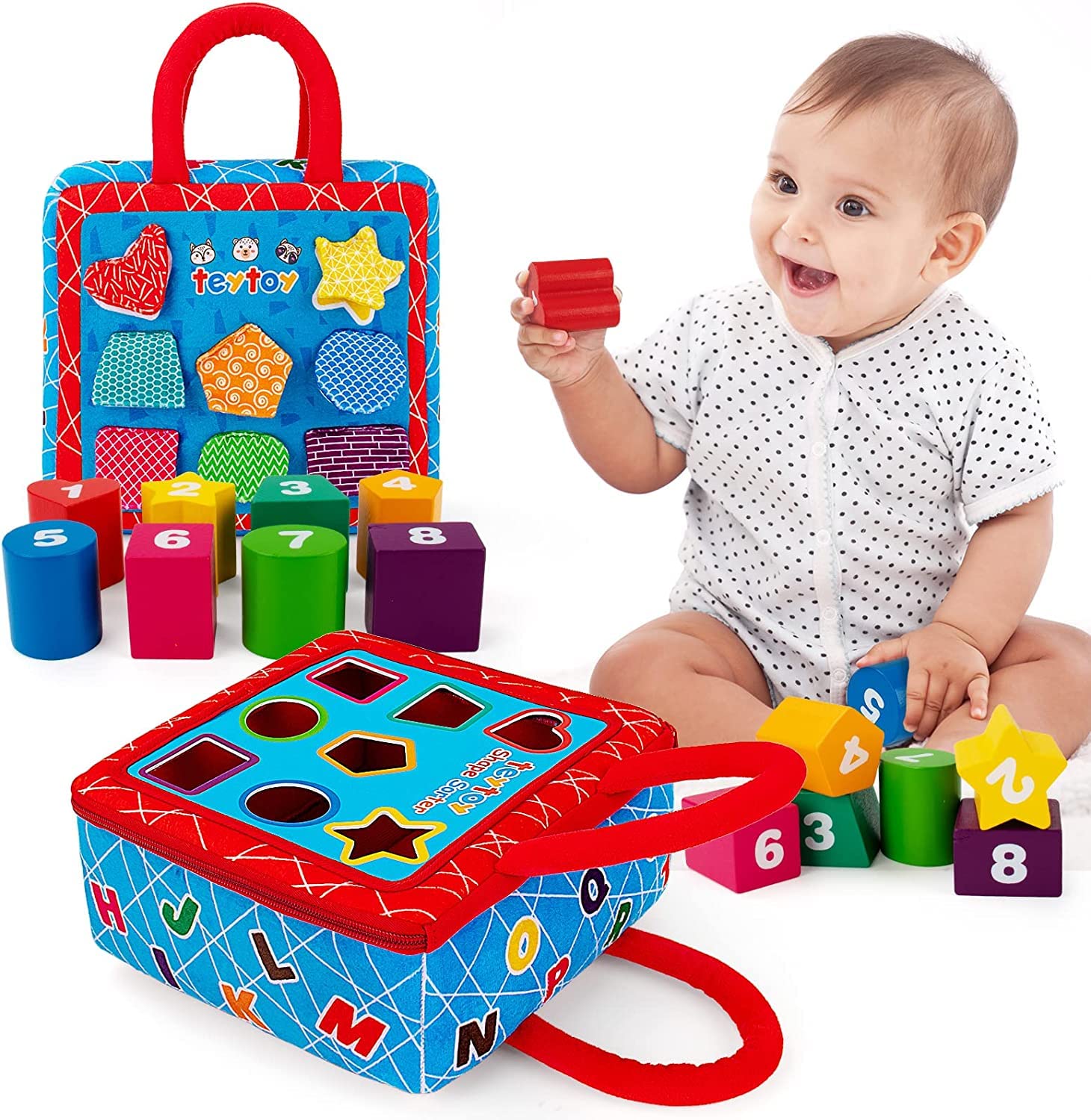 Baby Sensory Toys for 1 Year Old Girls Boys,Shape Sorter Toys with 2-Sided Activity Bag and 8 Textured Shape Blocks Fine Motor Skills Educational Montessori Baby Toys Gifts for 12 Months Toddlers