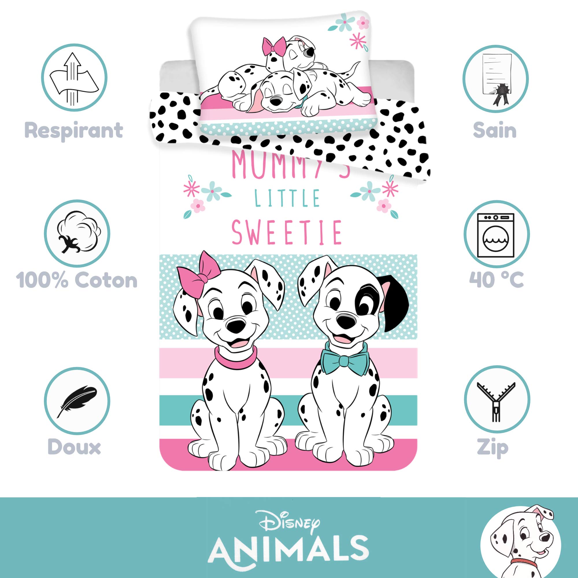 Copripiumino Disney 101 dalmata 100% cotone, set da letto 100 x 135 cm, federa 40 x 60 cm | Lettino reversibile | Cotone naturale morbido traspirante | Disney ufficiale | 0-3 anni | Sbarre | Lavabile in lavatrice