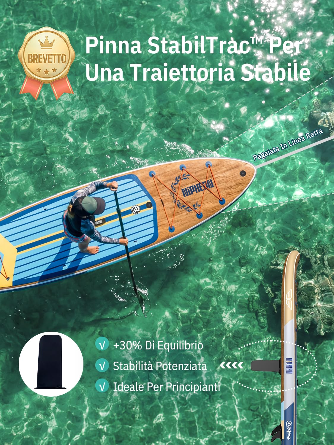 Niphean Paddle Board SUP Gonfiabile Extra Large 335x83x15 Cm - Tavola Per 2+1 Persone, Per Principianti Con Pinna AeroBalance - Kit Completo Con Pompa E Zaino - 4