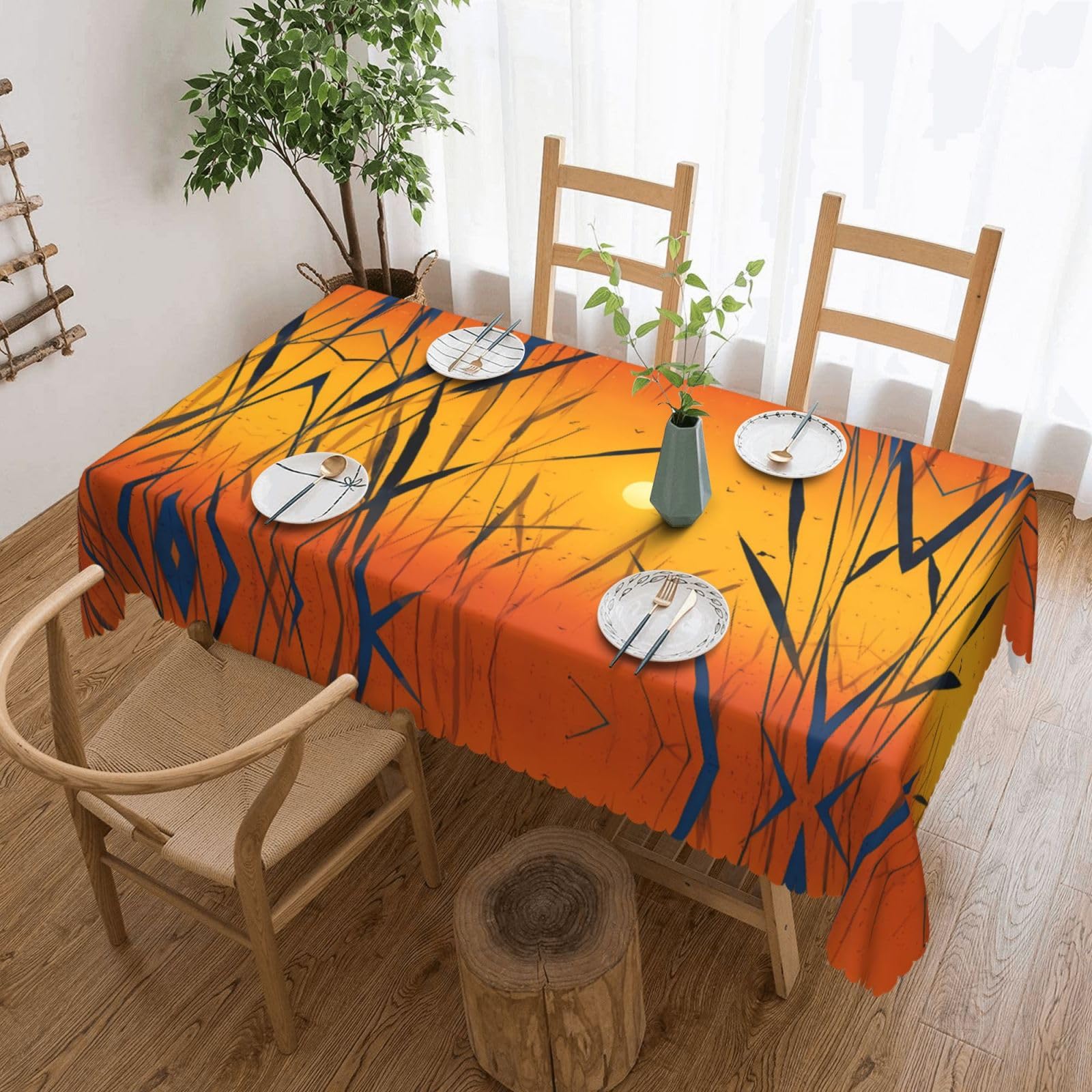 QAZWZML Sunset and Reeds Printed tablecloth, made of thick polyester with lace trim, suitable for dining rooms, picnics, and weddings