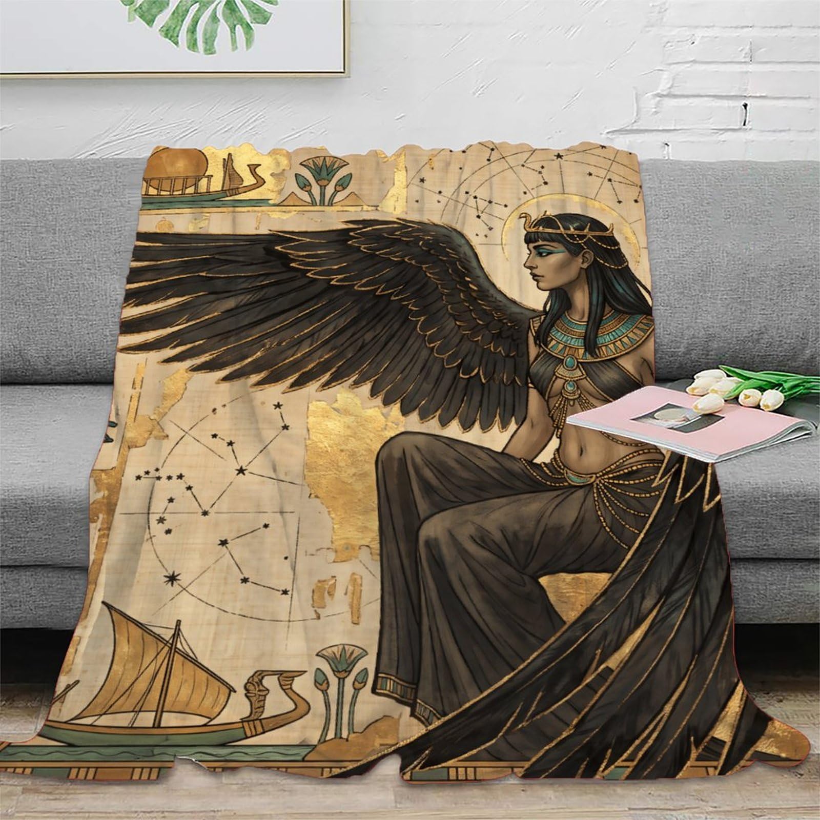 W7C8U2X3 Egyptian Winged Goddess Hieroglyphs Blanket, Flannel, Travel