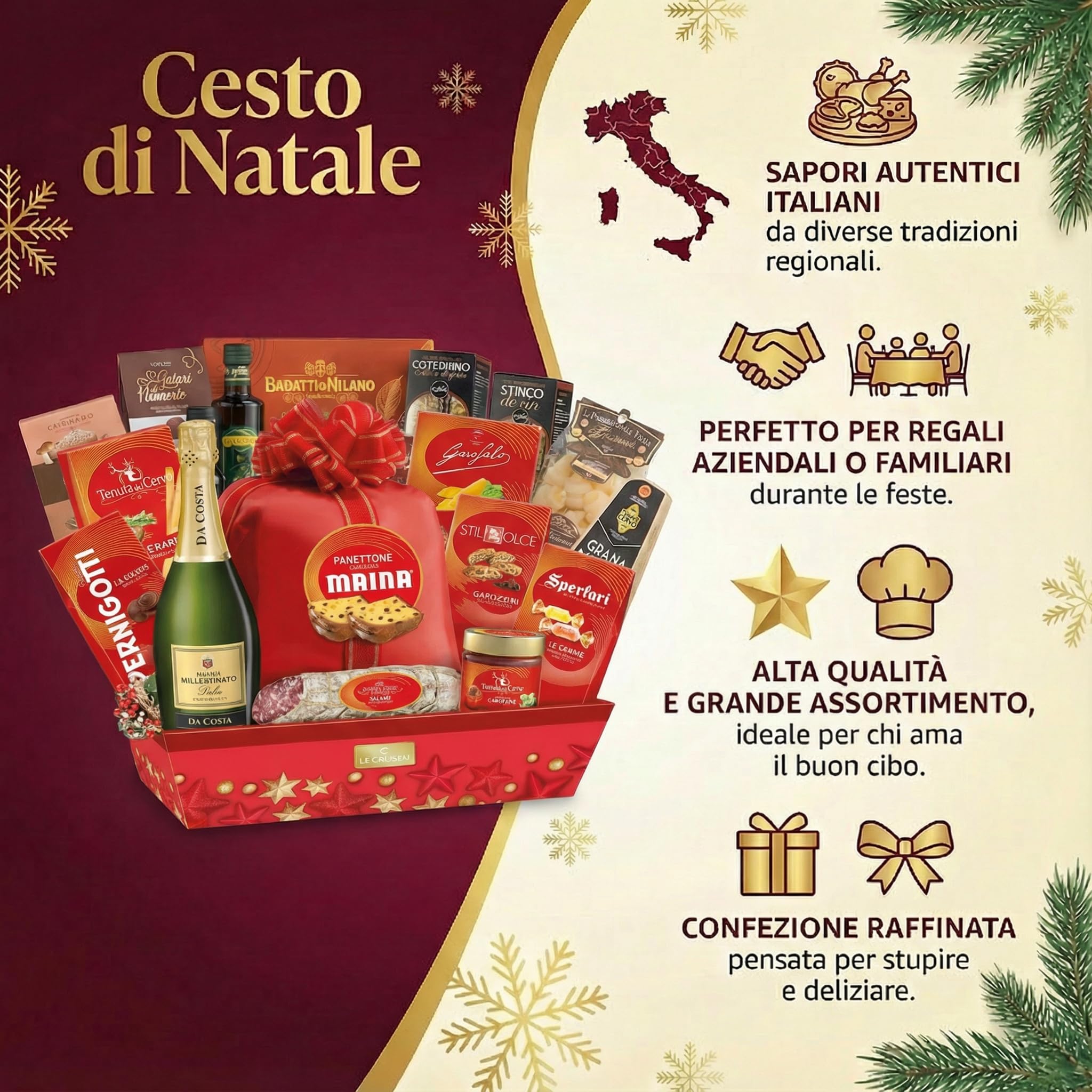 Le Cadeau Cesto di Natale Mimosa, Panettone, Spumante Da Costa, Dolci, Salumi, Pasta, Sughi, Snack, Set Gastronomico Italiano, 9 Prodotti
