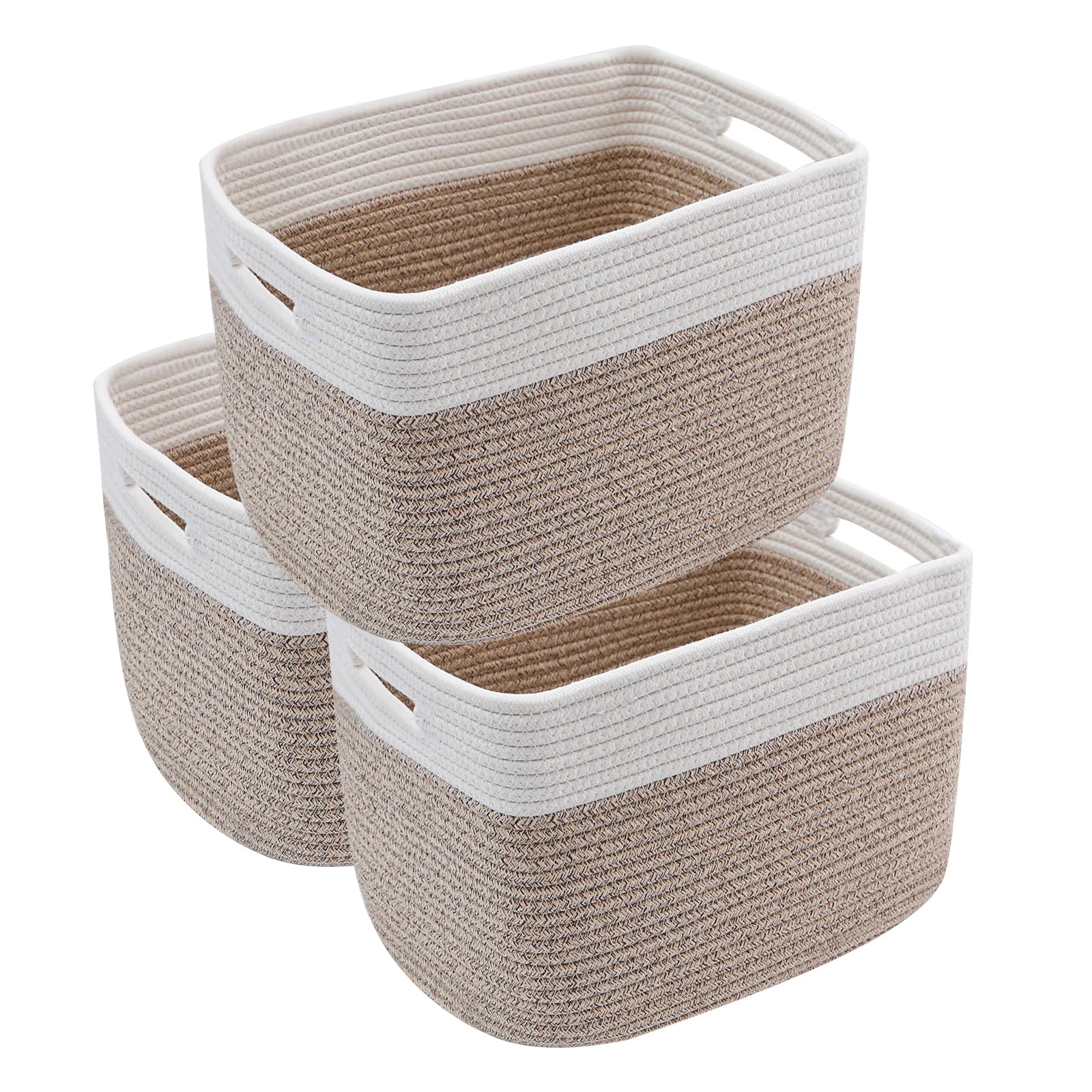 3 Pack Woven Rope Storage Baskets for Organizing,13.5"×11"×9.5" Storage Bins for Shelves,Perfect for Toys,Books,Towels,Clothes,Empty Gift Baskets for Nursery,Living Room&Bedroom(White&Brown)