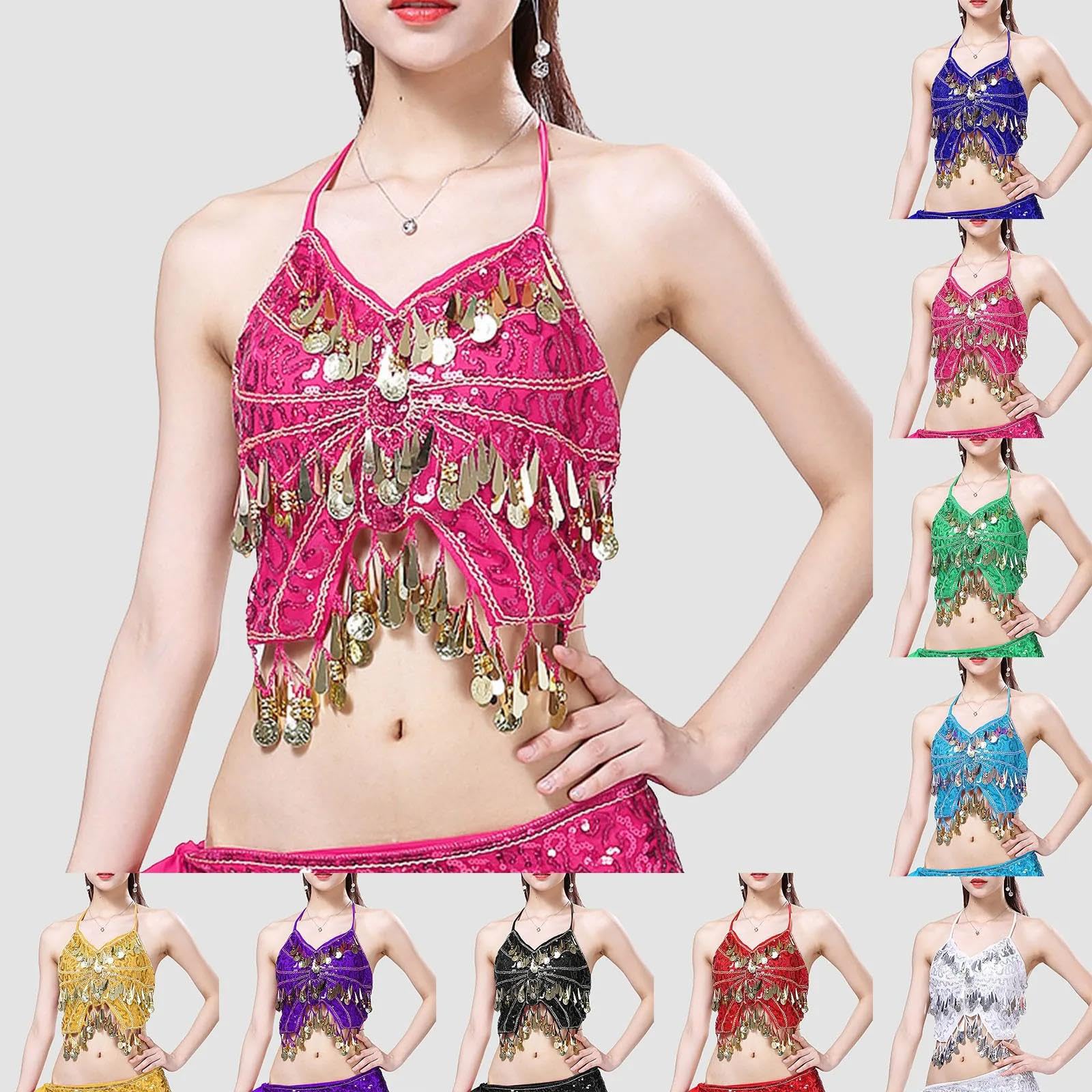 Reggiseno da donna con paillettes glitterate e frange top con nappe scintillanti crop top per danza del ventre, rave, Clubwear gilet