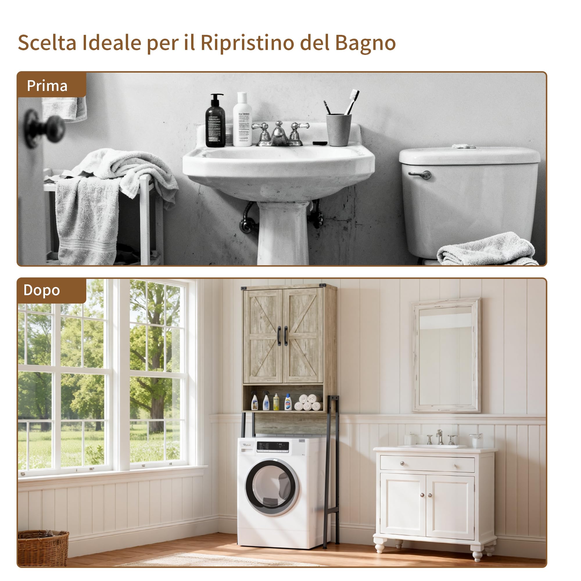 BonVache Mensola WC con ante da bagno con 6 ripiani, mensole per piccole lavatrici, armadietto per bagno, 171 x 59,6 x 25,3 cm, grigio
