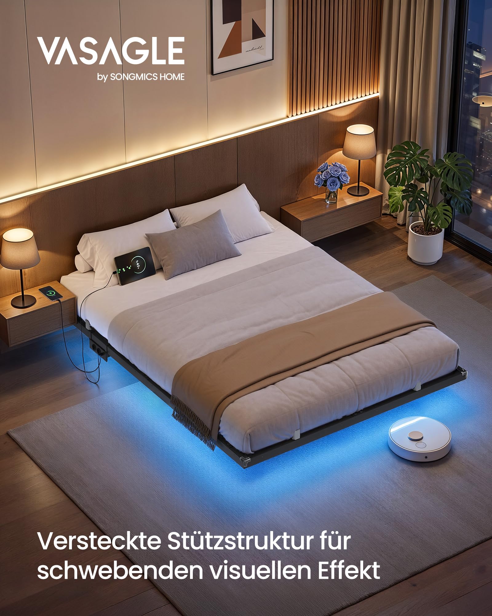 VASAGLE Bettgestell 140 x 200 cm, schwebender Effekt, LED-Beleuchtung, abnehmbare Steckdosenleiste, 2 AC-Steckdosen, 1 USB-C-Anschluss, 2 USB-A-Anschlüsse, trägt bis 500 kg, tintenschwarz RMB174B101