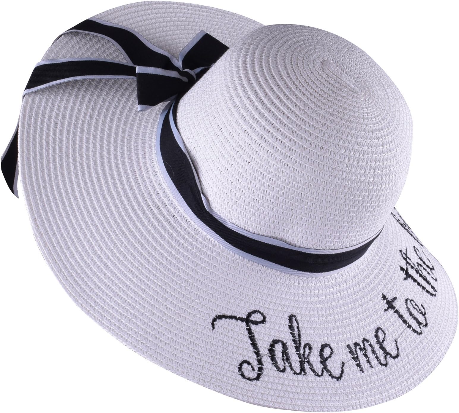 Embroidered Womens Straw Sun Hats Wide Brimmed Hats with Ribbon Trim