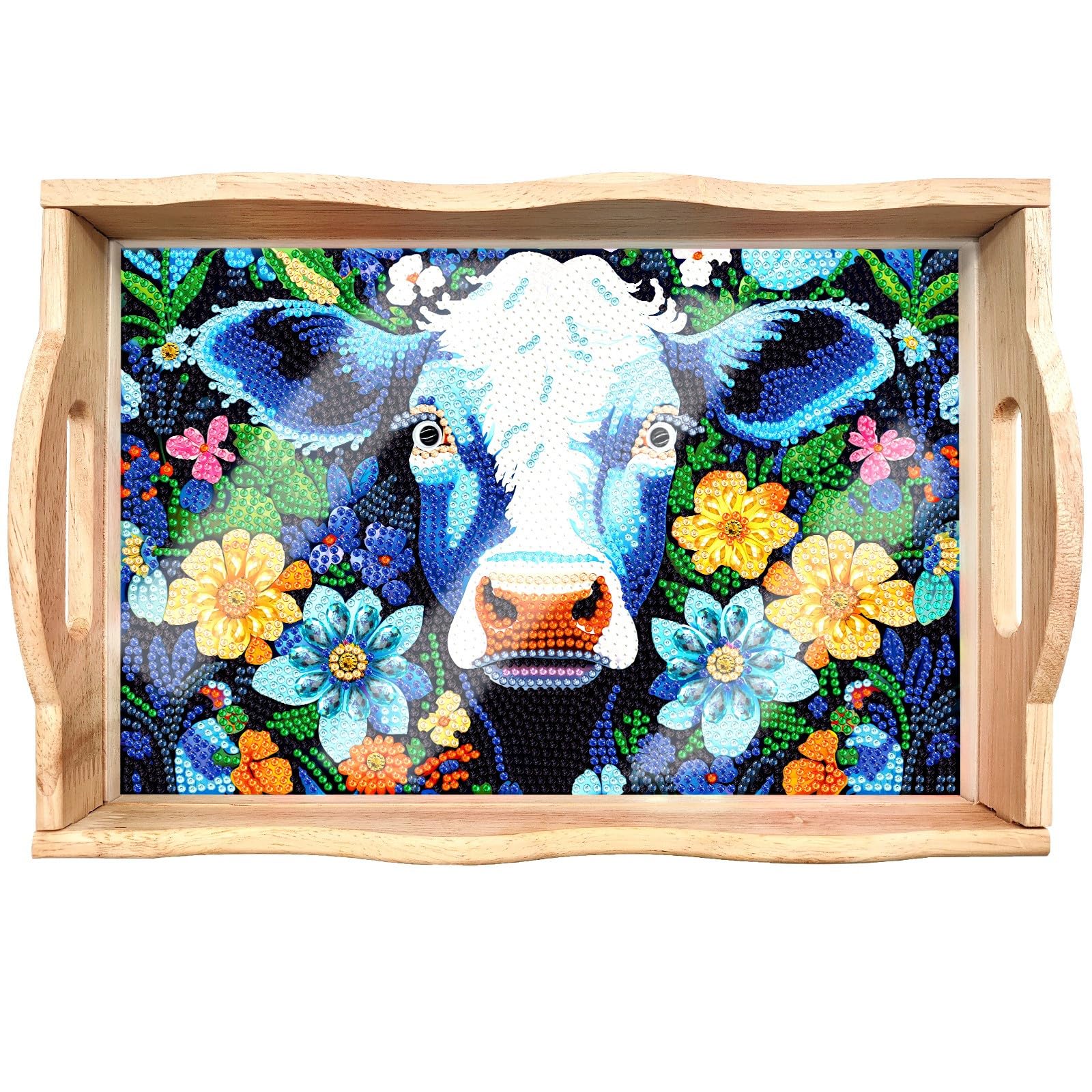Lebartm DIY Diamond Painting Tray Creative Design Handmade Wooden Tray Mosaic Making Kits by Number Kits Diamond Art for Coffee Living Room Home Organizer-Dairy Cow