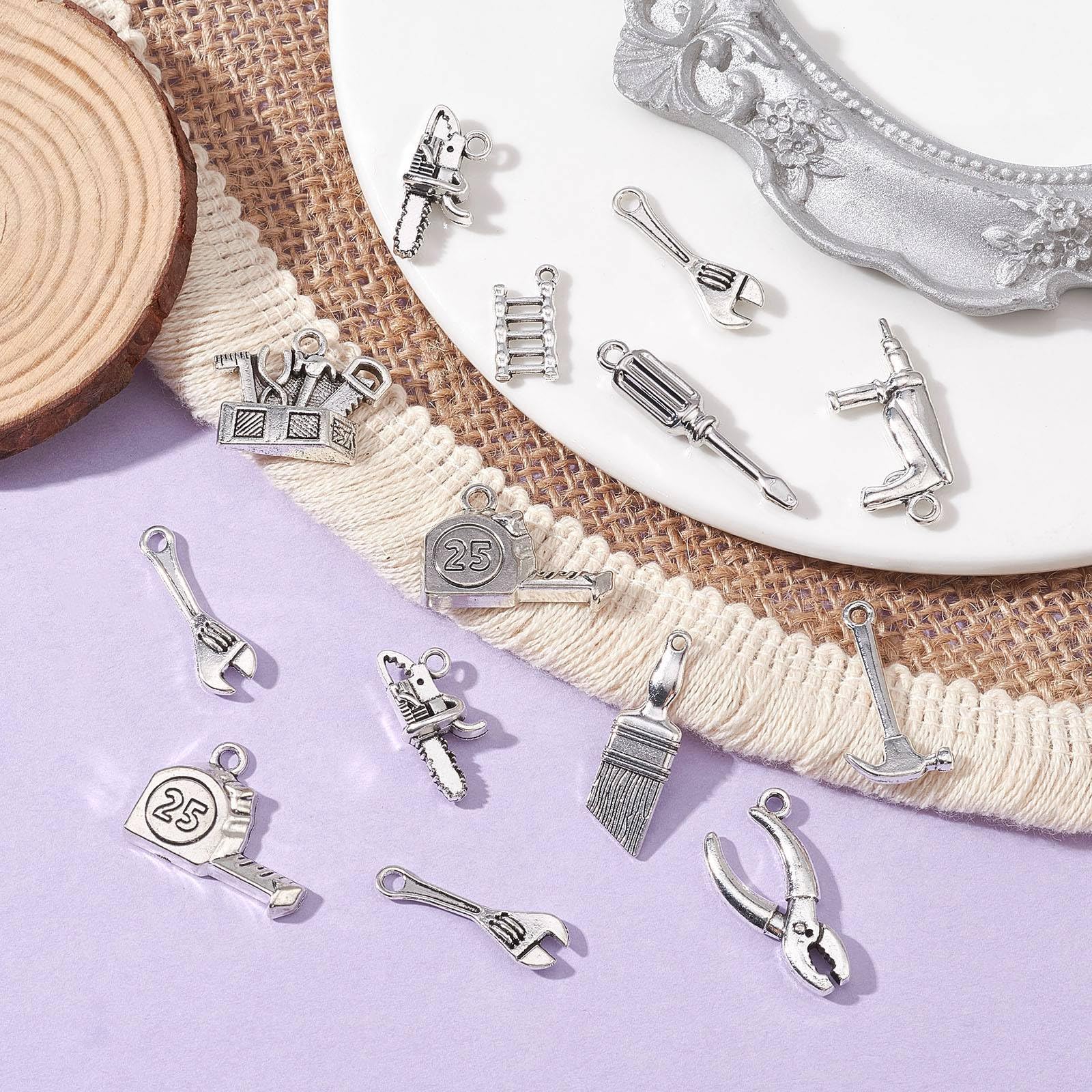UR URLIFEHALL 50 Pcs 10 Styles Tibetan Builders Theme Charms Antique Silver Pliers Screwdriver Hammer Tool Charms for DIY Jewellery Making - Image 4