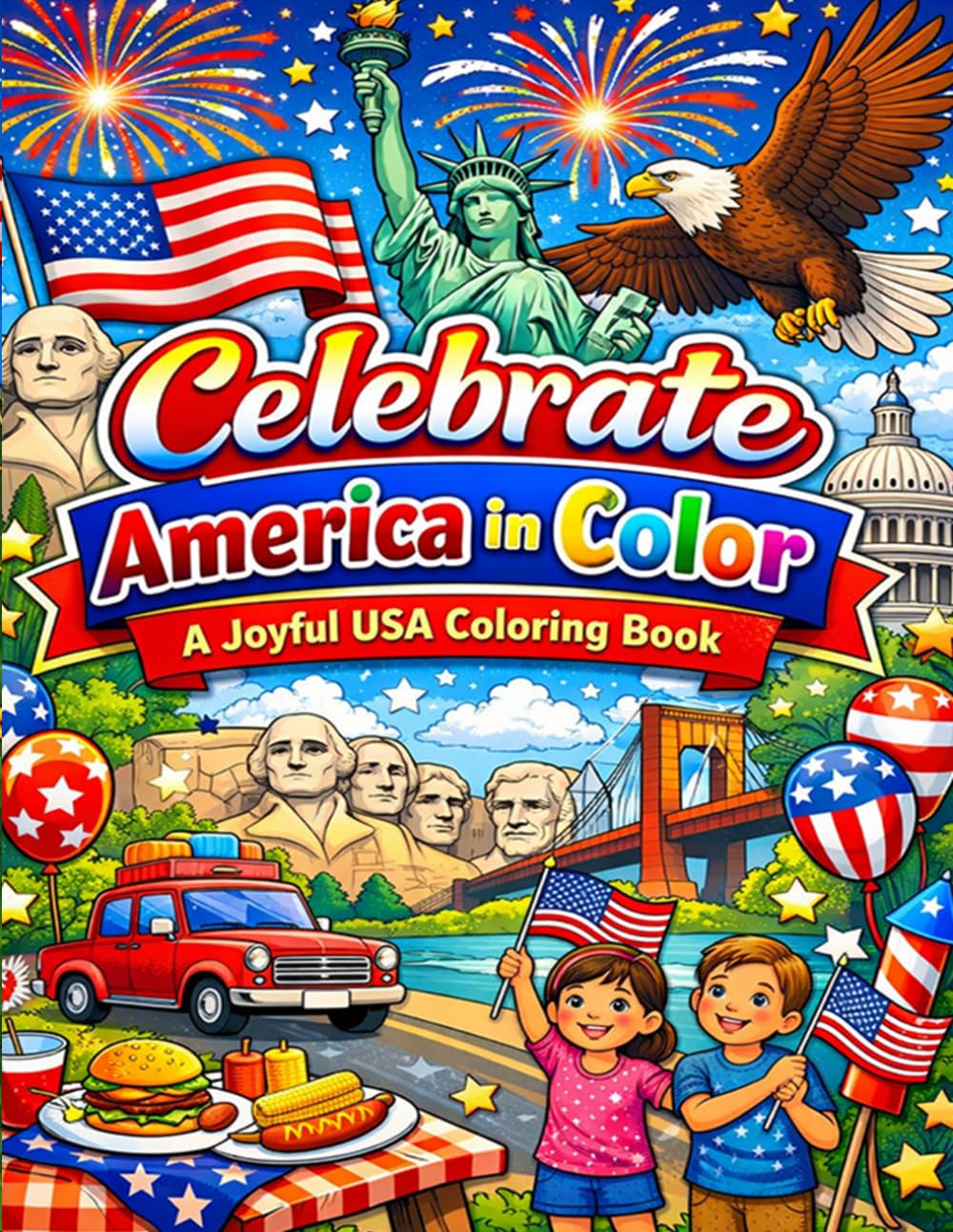 Celebrate America in Color: A Joyful USA Coloring Book: Fun Patriotic Designs Featuring Landmarks Symbols and Festive Scenes for Relaxation and Creativity