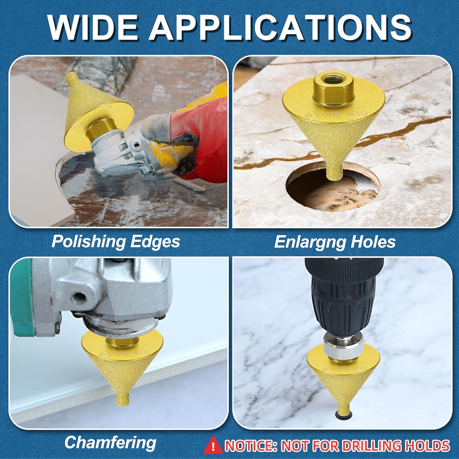 HARFINGTON Diamond Beveling Chamfer Bits 0-1.5" Dia M10 Thread Cone Bit with Adapter, Countersink Drill Bit to Enlarge Holes for Porcelain Tile, Marble, Ceramic, Glass, Stones