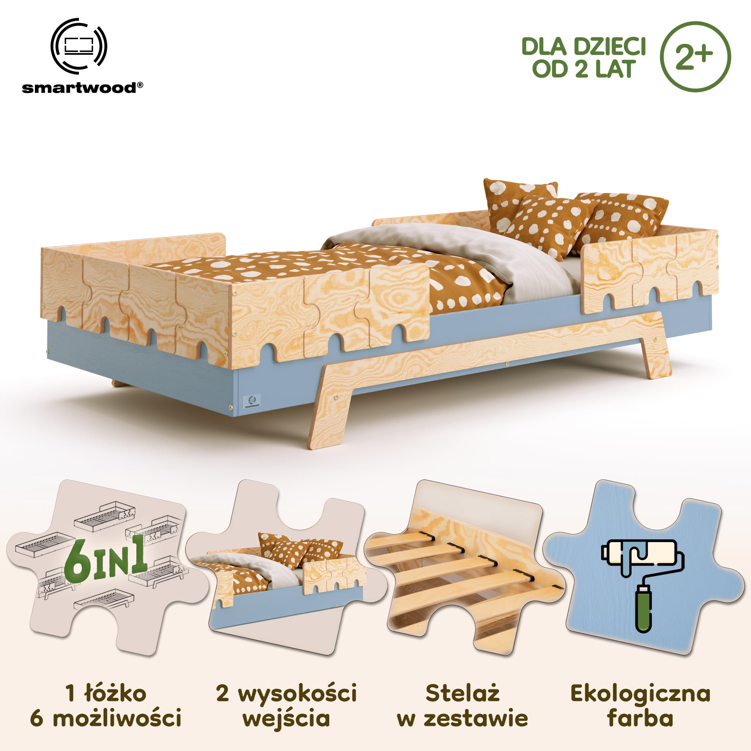 smartwood Łóżko dziecięce 70x160 ze stelażem, Sosna, Niebieski, PUZZLE BR2 | Łóżko Montessori 6 w 1, dwie barierki, nośność do 230 kg, sklejka sosnowa FSC, zaokrąglone krawędzie, łatwy montaż, od 3 lat