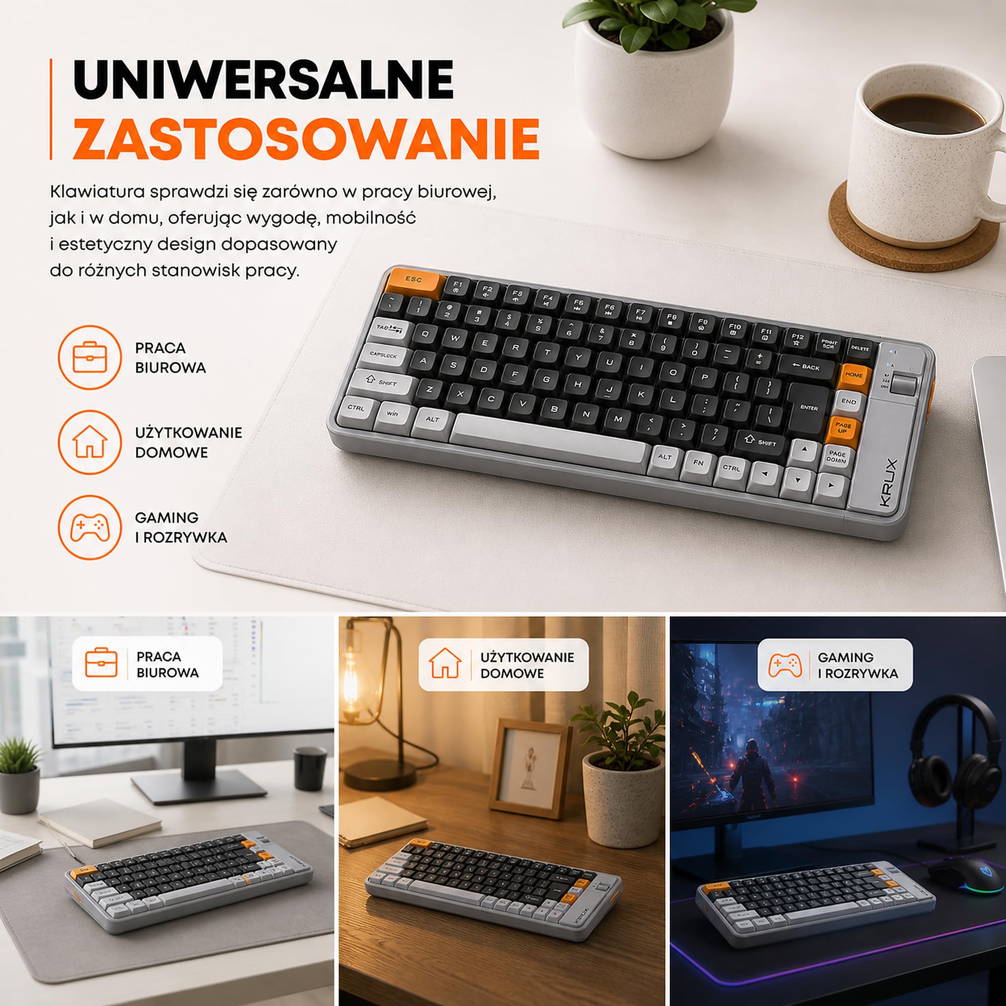 KRUX Zyro 75%, Bezprzewodowa klawiatura membranowa 84 klawisze, Bluetooth + 2,4 GHz + USB-C, cicha, układ US ANSI, Windows/Mac/Linux/Android, szaro-żółta, retro design