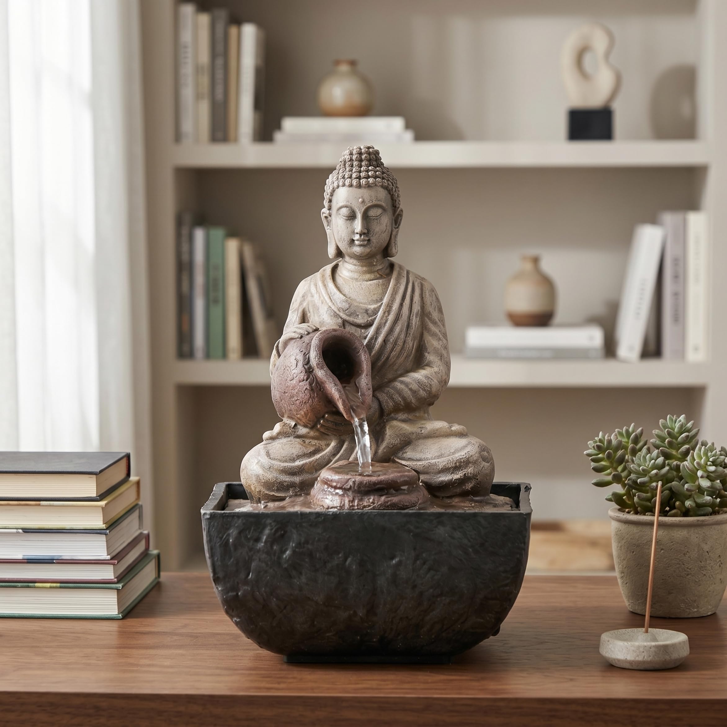 Water Fountain Indoor, Buddha Statue Tabletop Water Fountain Zen Resin Indoor Feature for Home Office Decor, Summer Decor