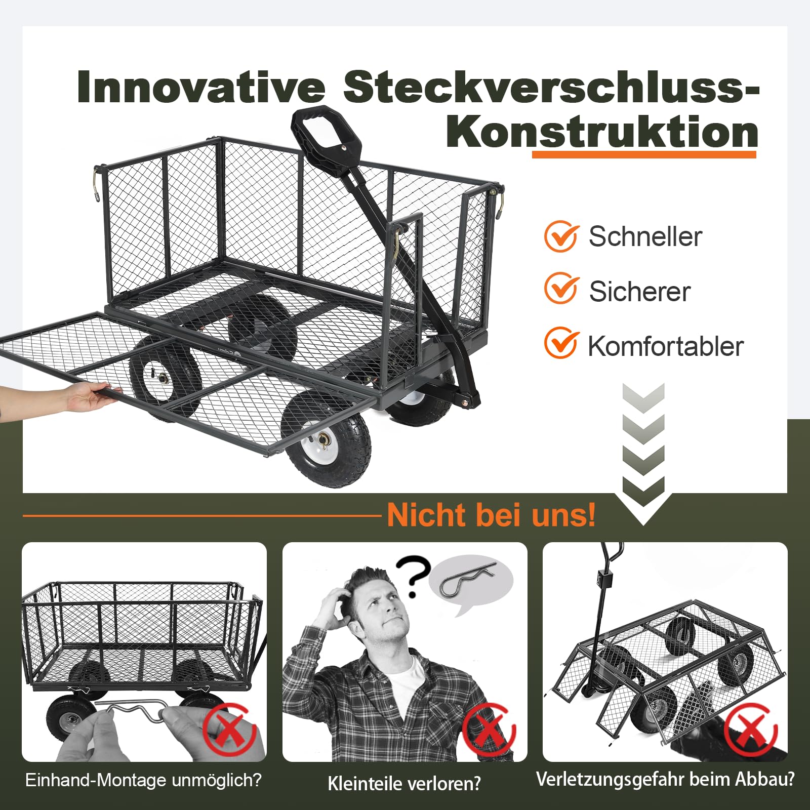 Sekey Bollerwagen Gartenwagen 550KG Belastbar, Transportwagen Transportkarre Gerätewagen mit Patentiertem Handgriff, Vollgummi-Luftreifen, Serie Titan, 200L, Grau