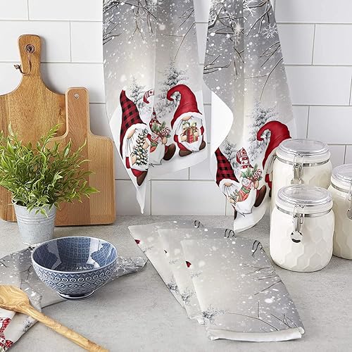 Miniatura 3 de Paquete de 2 toallas de cocina y paños de cocina, diseño de gnomos rojos navideños, rama, copo de nieve, árbol de Navidad, gris, 18 x 28 pulgadas,