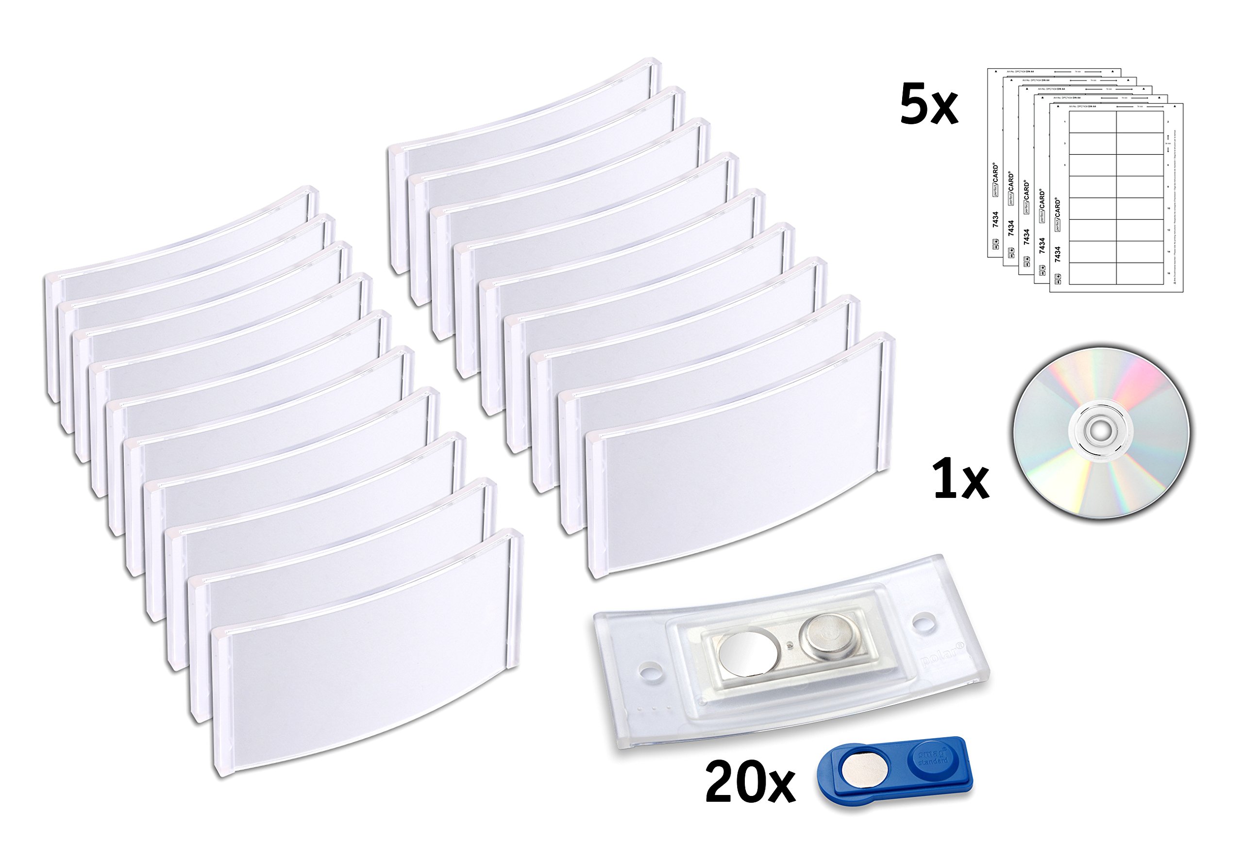 Badges Nominatifs Magnétiques Polar® 35, Badge Aimanté Porte Badge Aimanté, 20 Unités à Imprimer Soi-même, Feuilles Bristol + CD Inclus - Translucide Incolore