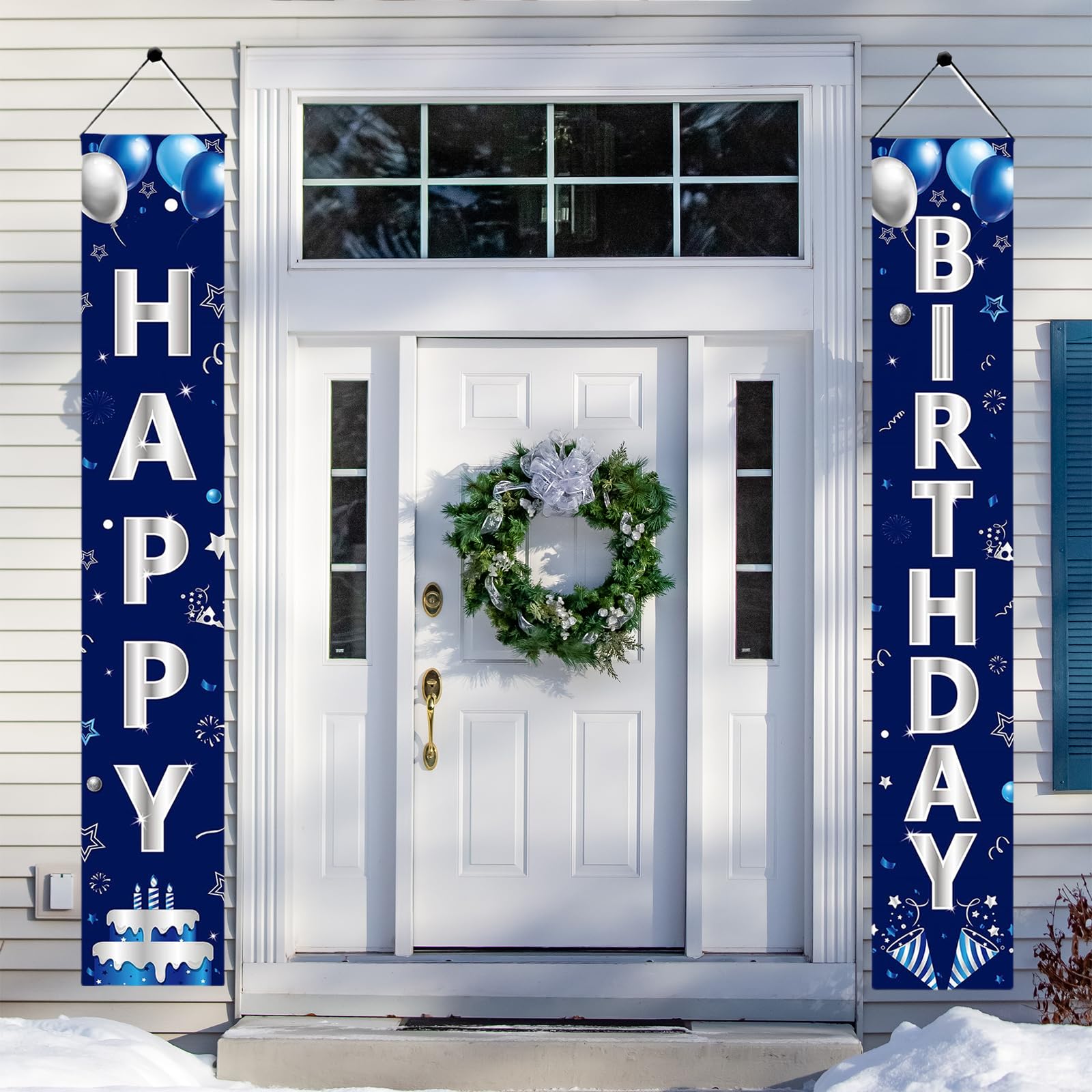 2 Striscioni Per Porta Di Compleanno Blu E Argento | Decorazione Feste Ragazzi E Uomini | Scritta HAPPY BIRTHDAY | Per Interni Ed Esterni