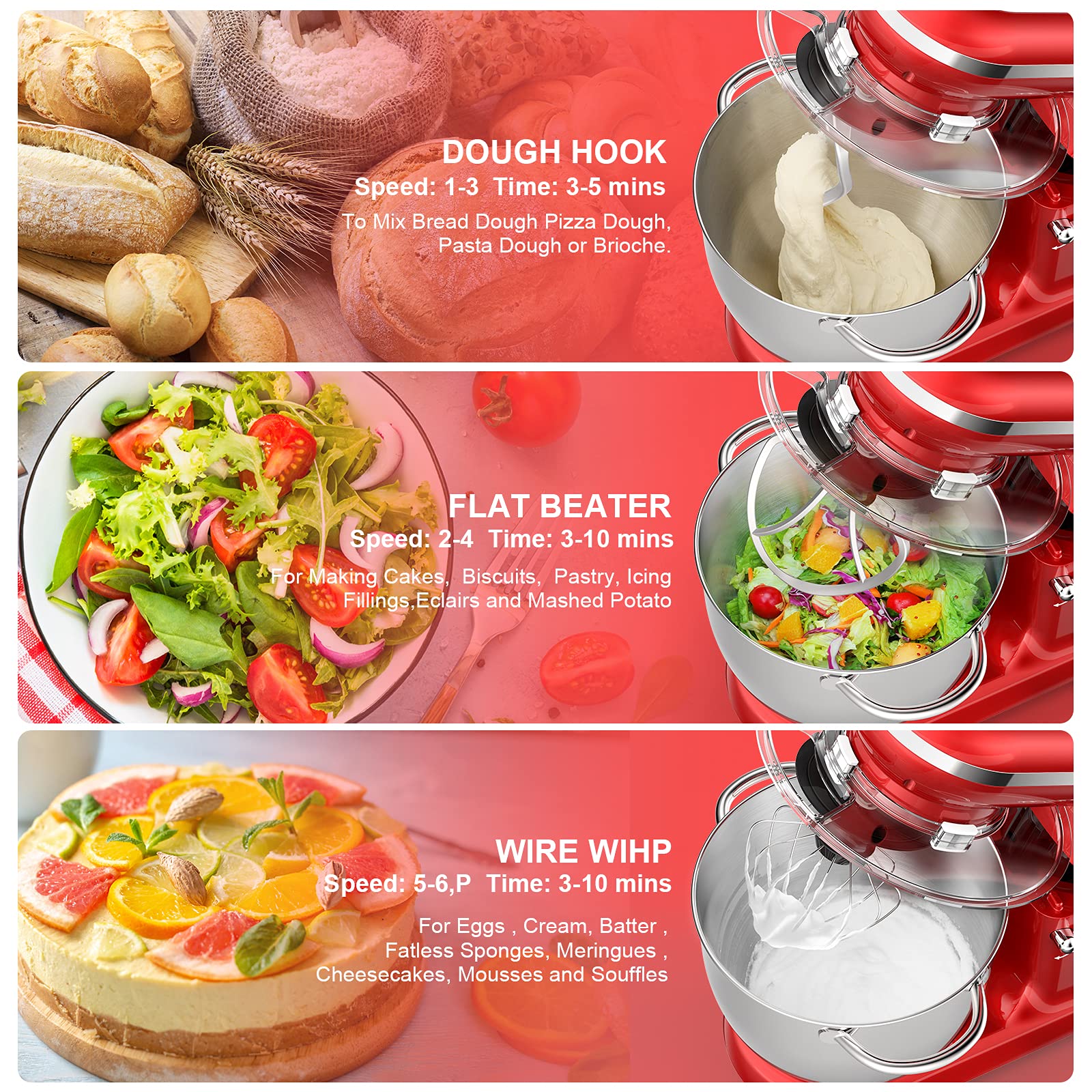 Impastatrice Planetaria, PHISINIC 1500W Robot da Cucina Elettrico, 5,5L 6+P Velocità Basso Rumore Multifunzione Impastatrice Professionale con Gancio per Impastare, Frusta Piatta, Frusta(Rosso)