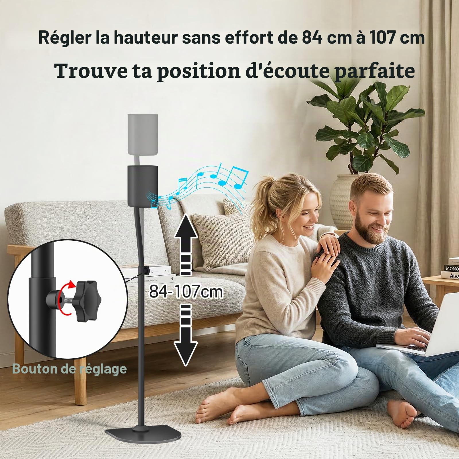 Paire de Pieds d’Enceinte universels, réglables en Hauteur de 84 à 106 cm, avec Fixation Murale pour Les Enceintes arrière et Les Enceintes Surround pour Samsung, Vizio, Bose, LG, Roku