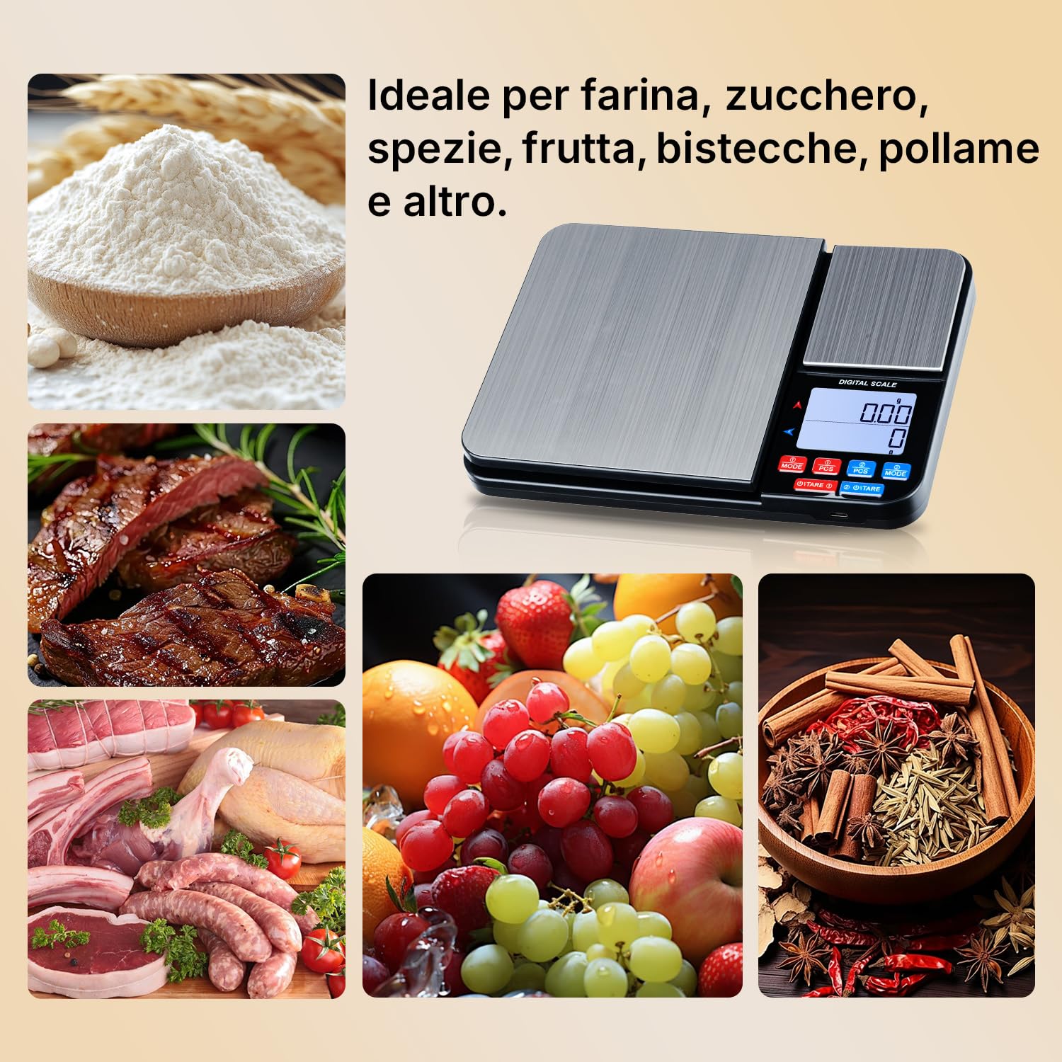 Bilancia da Cucina Digitale con Doppia Piattaforma (10kg/1g e 500g/0.01g), Bilancia per Alimenti Ricaricabile USB/Batterie, 14 Unità, Funzione PCS e Auto-Off per Caffè, Pasticceria e Casa