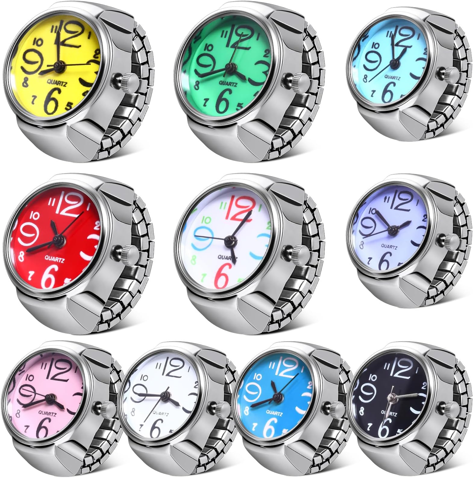 Landical 10 Pcs Finger Watches for Women Men Adjustable Clock Rings Bulk Creative Elastic Round Quartz Finger Watches