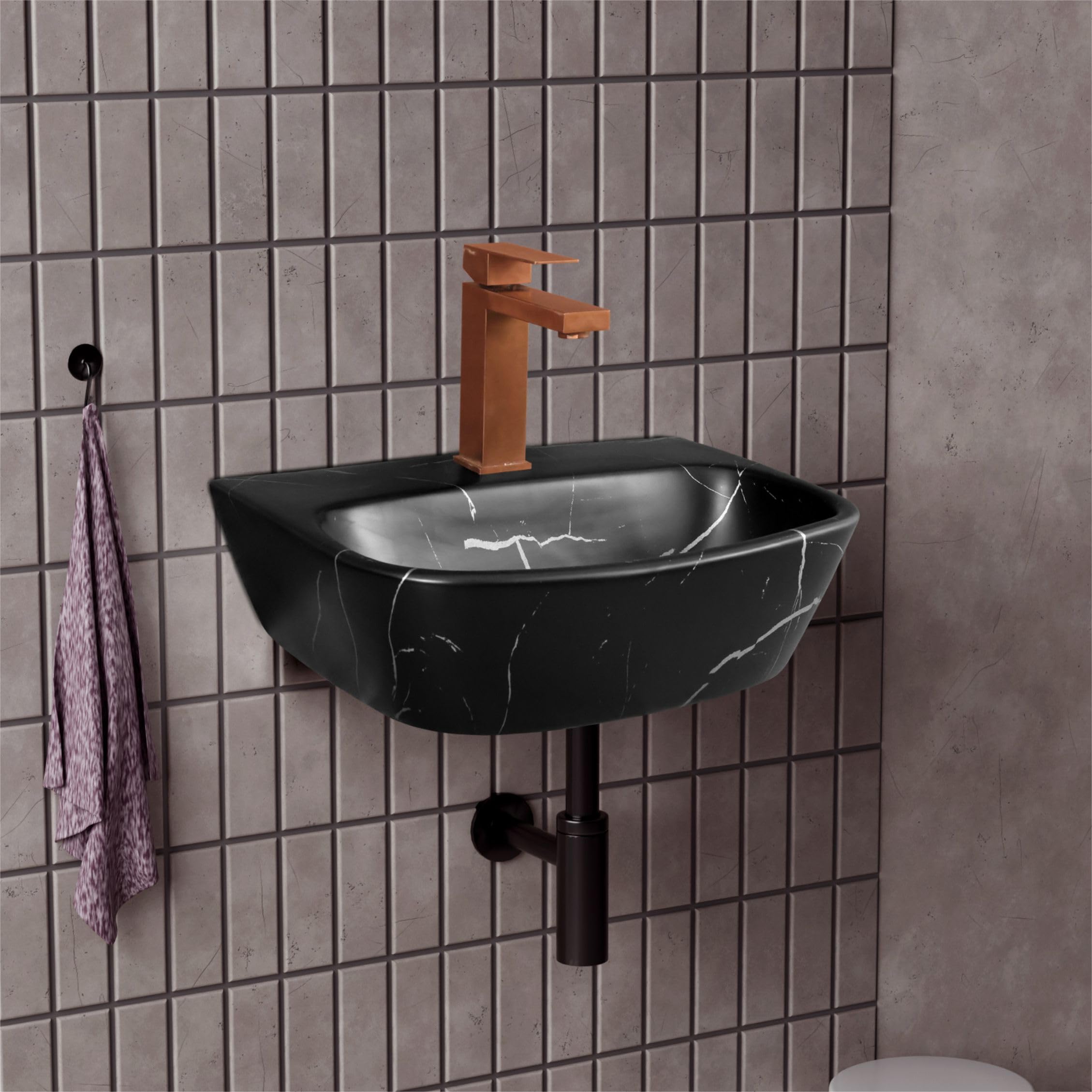 HISRE Wall Mount Wash Basin 17 x 12 x 5 Inch | Black Grey Marble Finish Ceramic Sink | Modern Rectangular Bathroom Basin for Home, Office, and Hotels, photo 2 of 5