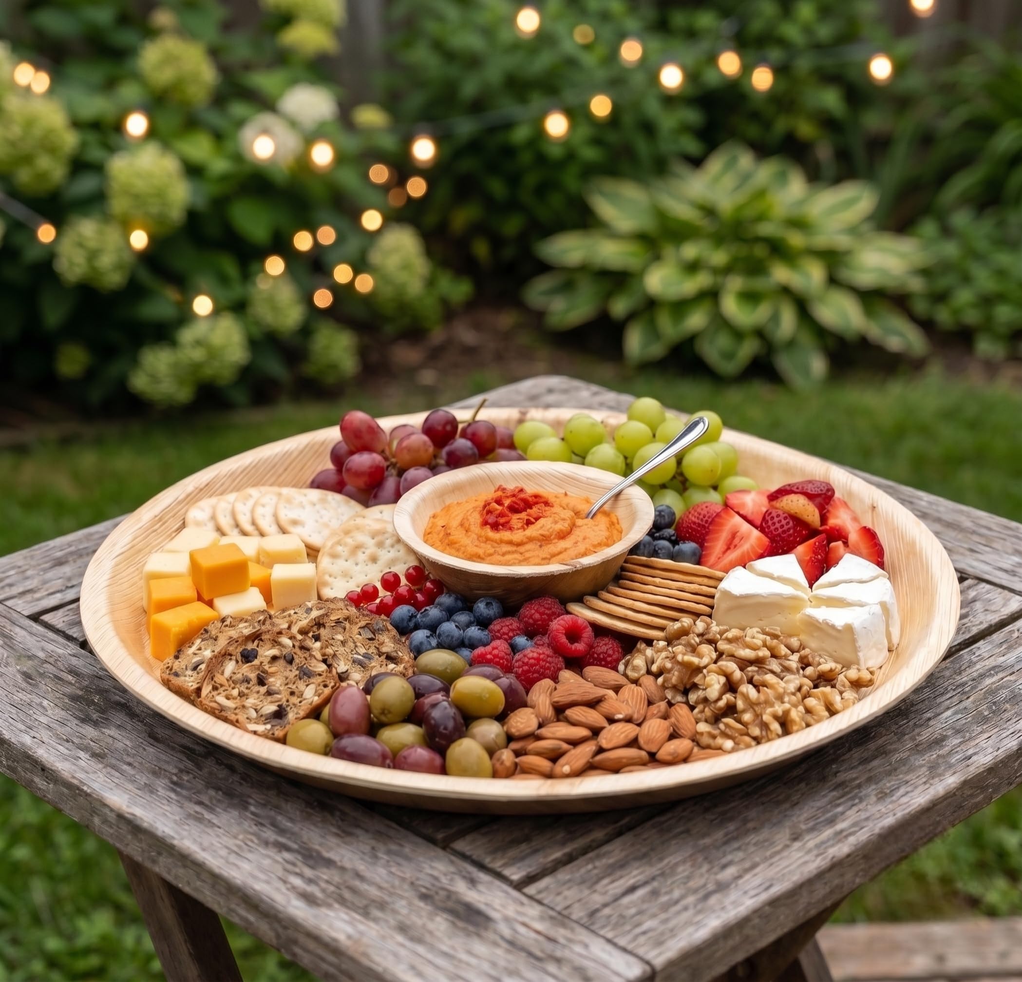 Bandejas redondas desechables de hoja de palma de 15 pulgadas (25 piezas) de bambú, tablas desechables, vajilla ecológica para bodas, catering, eventos