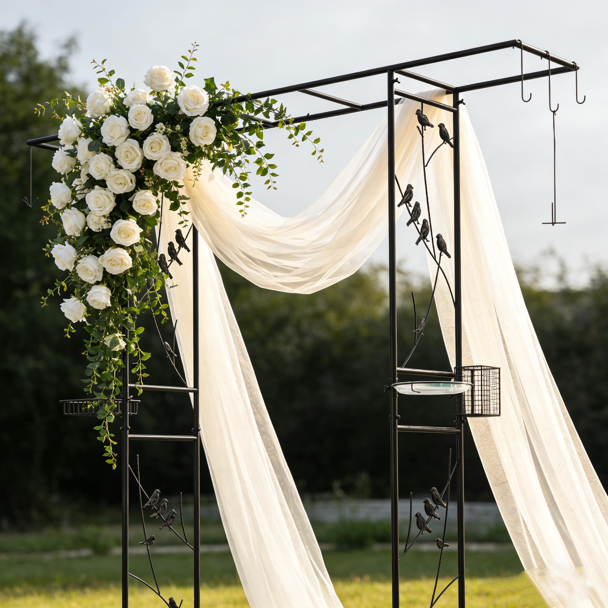 RELAX4LIFE Rosenbogen Metall, Gartenbogen mit Vogelfutterstation, Rosengitter für Kletterpflanzen & Wilder Vögel, Torbogen mit Wasserschale, Netzkorb, Haken, Garten Spalier, 212 x 40 x 213 cm, Schwarz