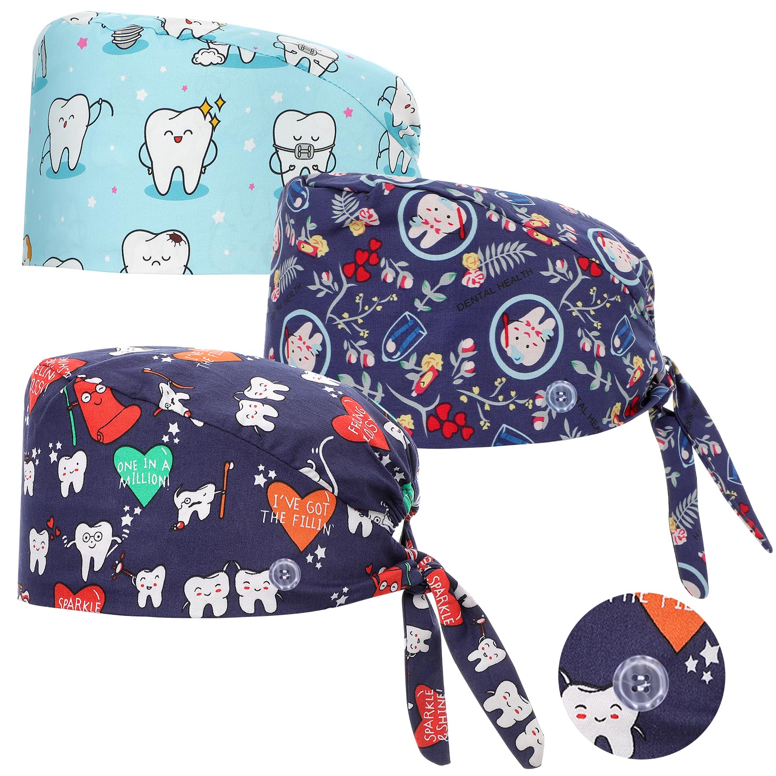3 Pack Scrub Cap Printed Bouffant Cap Working Cap Beanie Hat Adjustable Sweat Absorption Cap with Sweatband for Women
