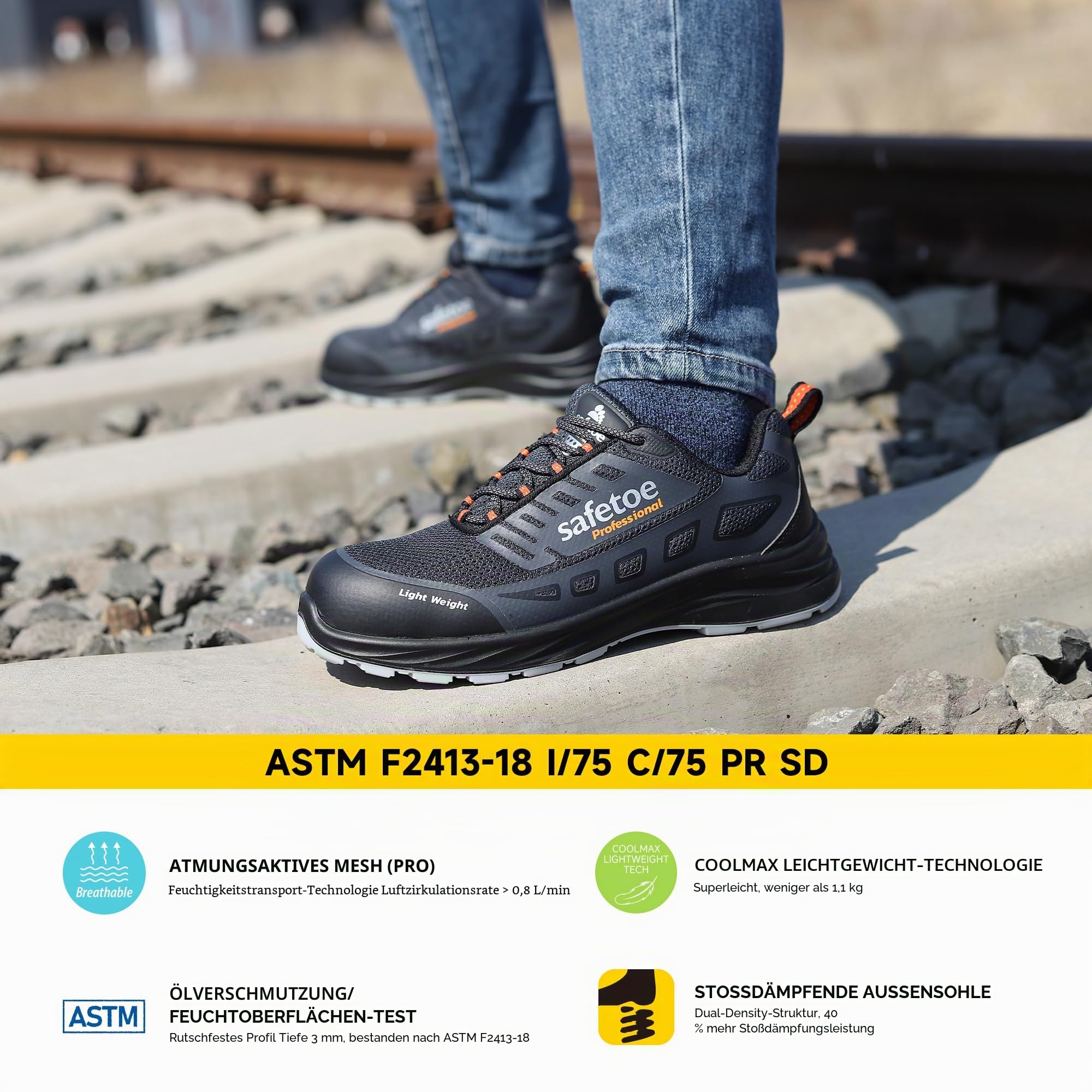 SAFETOE L-7571 Herren Sicherheitsschuhe Sneaker atmungsaktiv mit Composite-Zehenkappe, durchstichsicher, antibakteriell (EN ISO 20345:2022 S1)