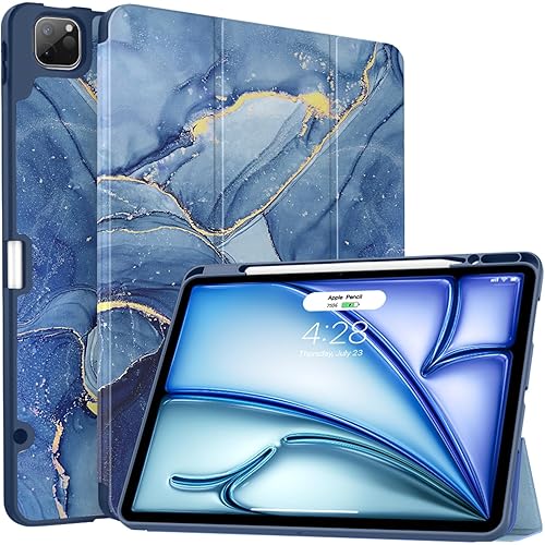 Soke Case for iPad Air 13 Inch (M3/M2,2025-2024), iPad Pro 12.9" 6th/5th Generation with Pencil Holder(2021 2022 Release)-[Apple Pencil Charging + Auto Wake/Sleep] Soft Back Cover, Navy Marble