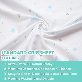 American Baby Company 2 Pack 100% Natural Cotton Fitted Crib Sheets 52 x 28 - Soft, Breathable, Hypoallergenic & Gentle Toddler Bed Sheets, Blue Stars and Blue, Neutral for Boys & Girls