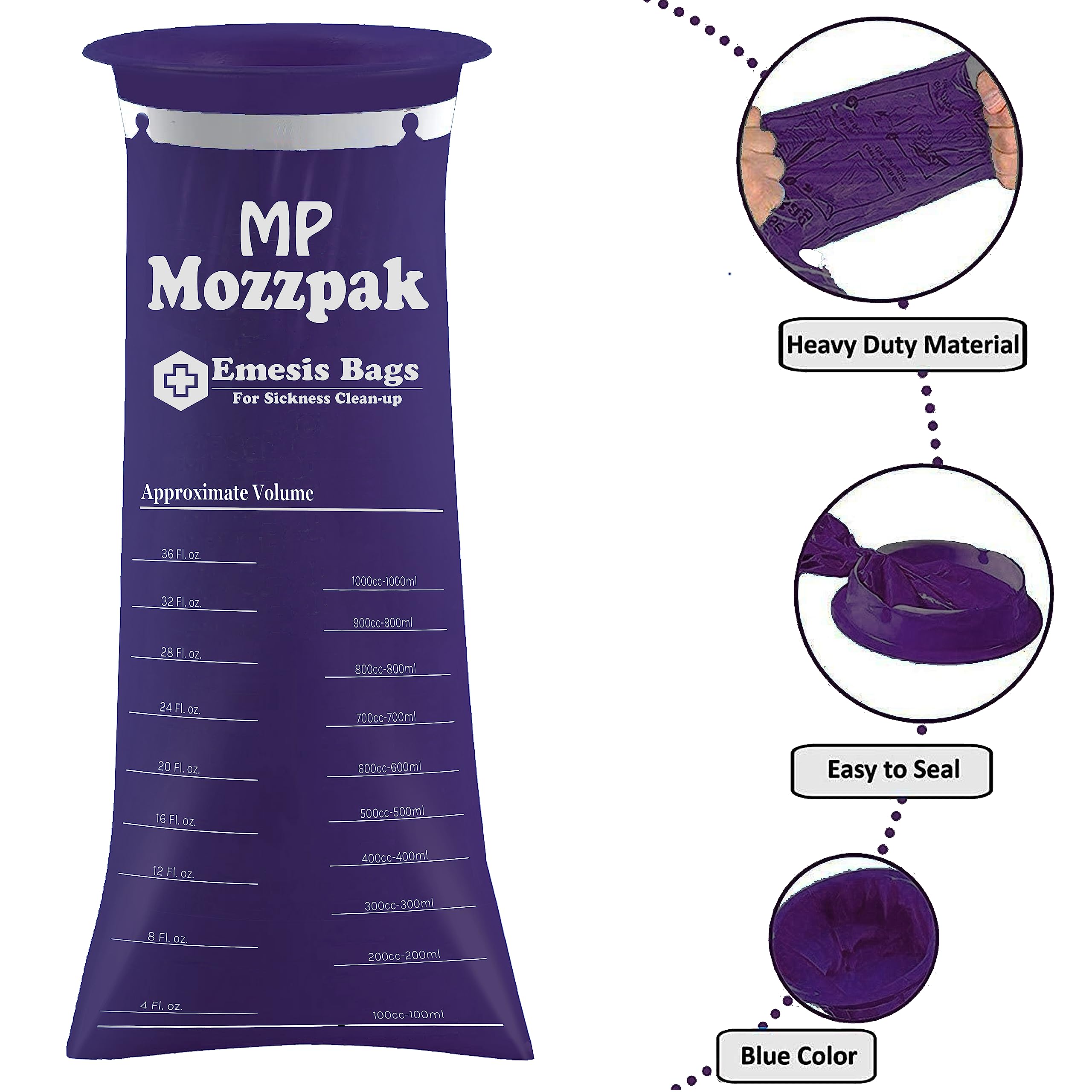 MP MOZZPAK Vomit Bags Disposable – 50 Pack – 1000ml Barf Bags – Leak Resistant, Medical Grade, Portable Emesis Bags, Puke, Throw Up, Nausea Bags for Travel Motion Sickness, Car & Aircraft, Kids, Taxi