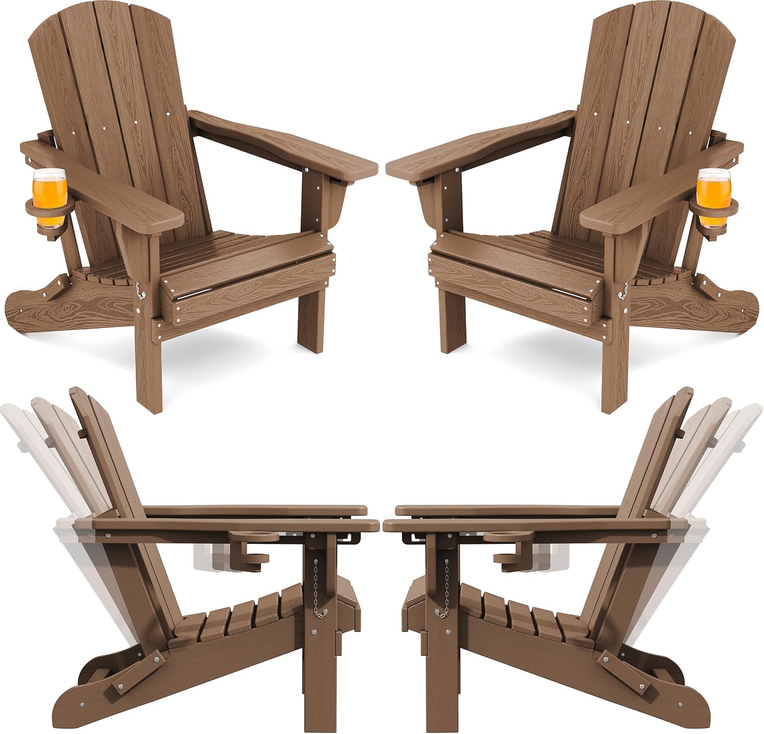 SERWALL Folding Adirondack Chair Set of 4, Reclining Adirondack Chair with 3 Recline Positions, All Weather HDPE Outdoor Adirondack, Brown