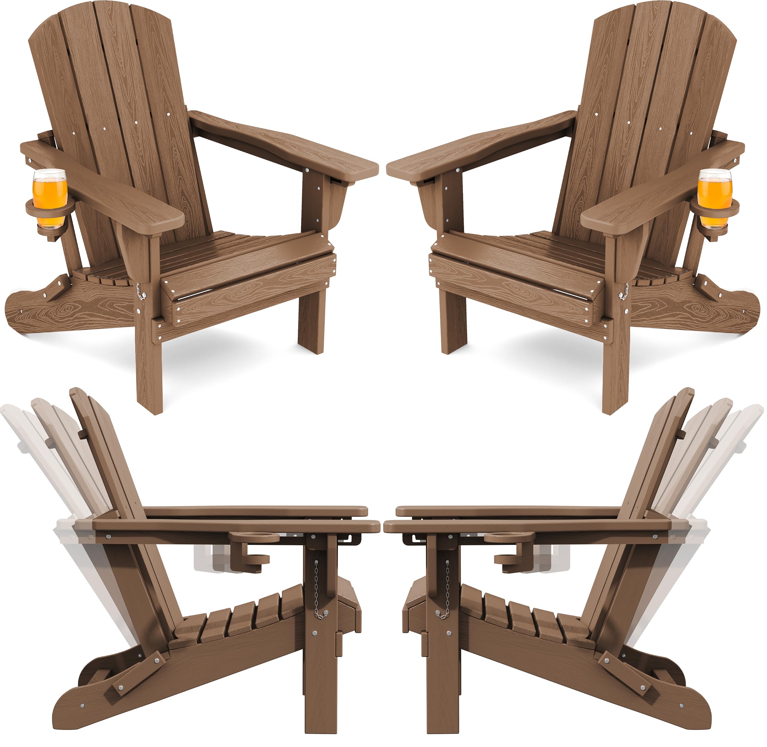 SERWALL Folding Adirondack Chair Set of 4, Reclining Adirondack Chair with 3 Recline Positions, All Weather HDPE Outdoor Adirondack, Brown