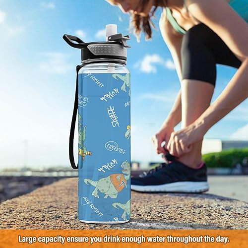 Miniatura 6 de Hand Drawn Cool Dinosaur Blue 32 oz Sport Water Bottle with Straw 1000ml Simple Modern School Water Bottle for Men Running