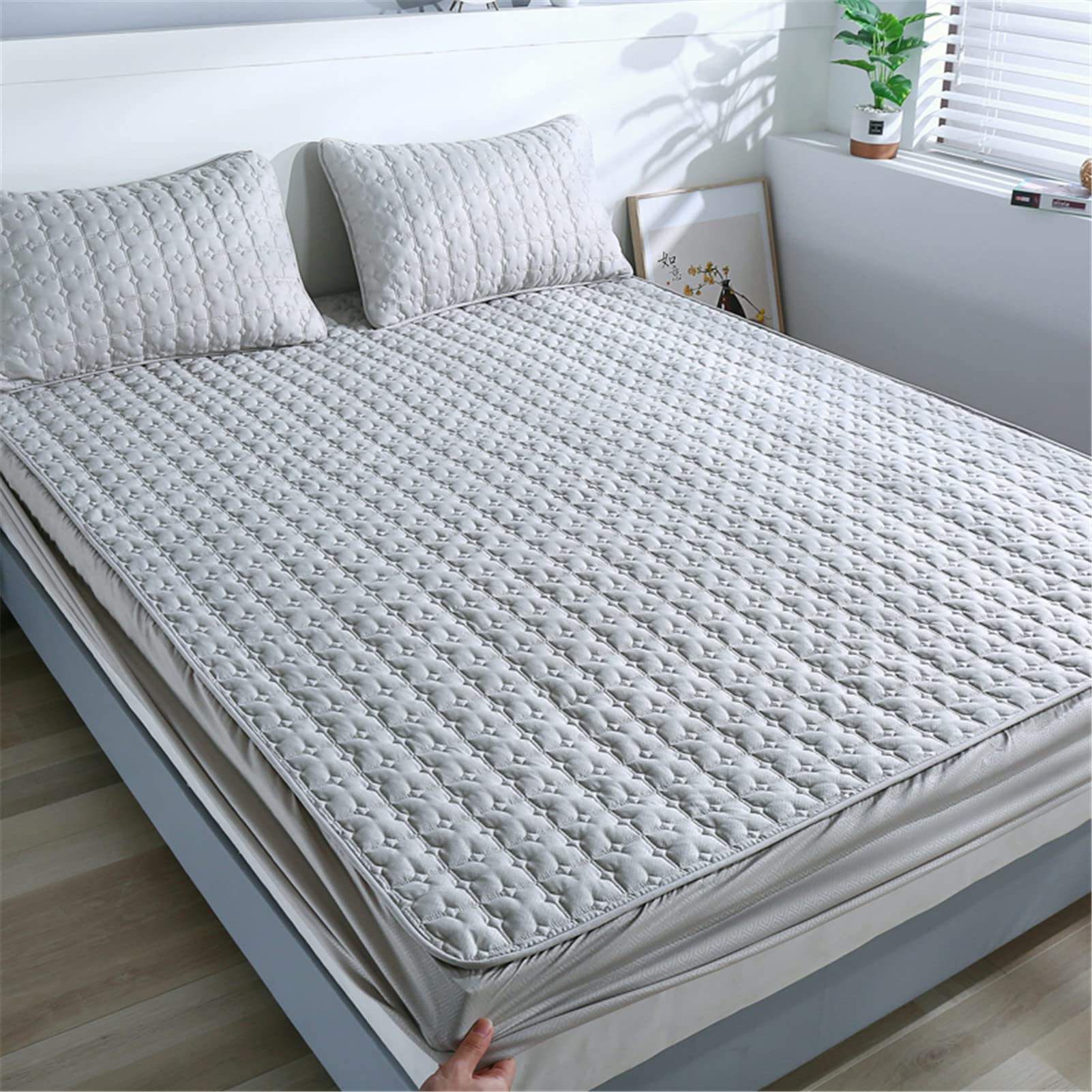 Protector Colchón, Protector de colchón Acolchado con Triple Relleno, Funda Colchon de Rizo Transpirable y Hipoalergénico, Antiácaros (Gris,Grueso 180x200cm)