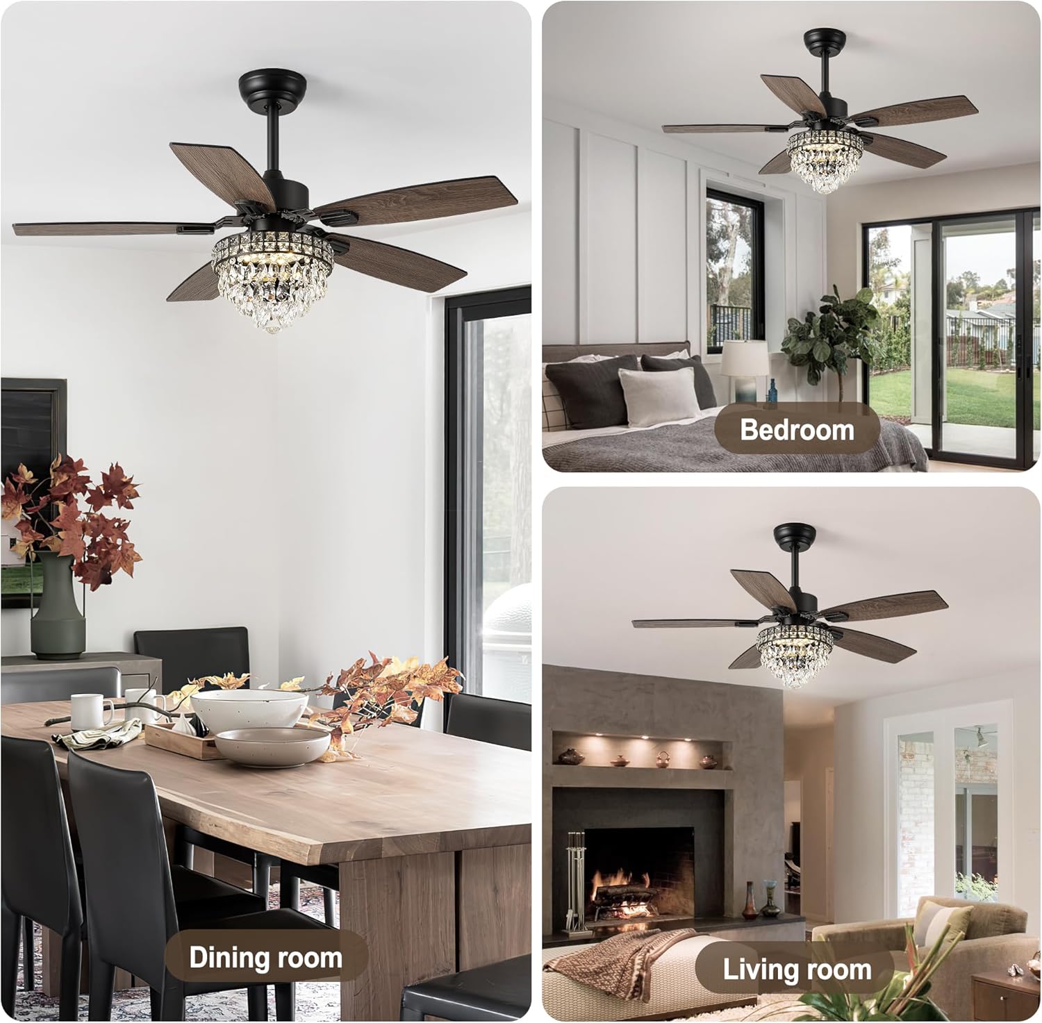 Chandelier Ceiling Fans with Lights and Remote,42in Chandelier Fan Ceiling,Crystal Ceiling Fan Fandelier with Lights,6 Speed 3 Timer Quiet Ceiling Fan for Bedroom (Black, 52 Inch)