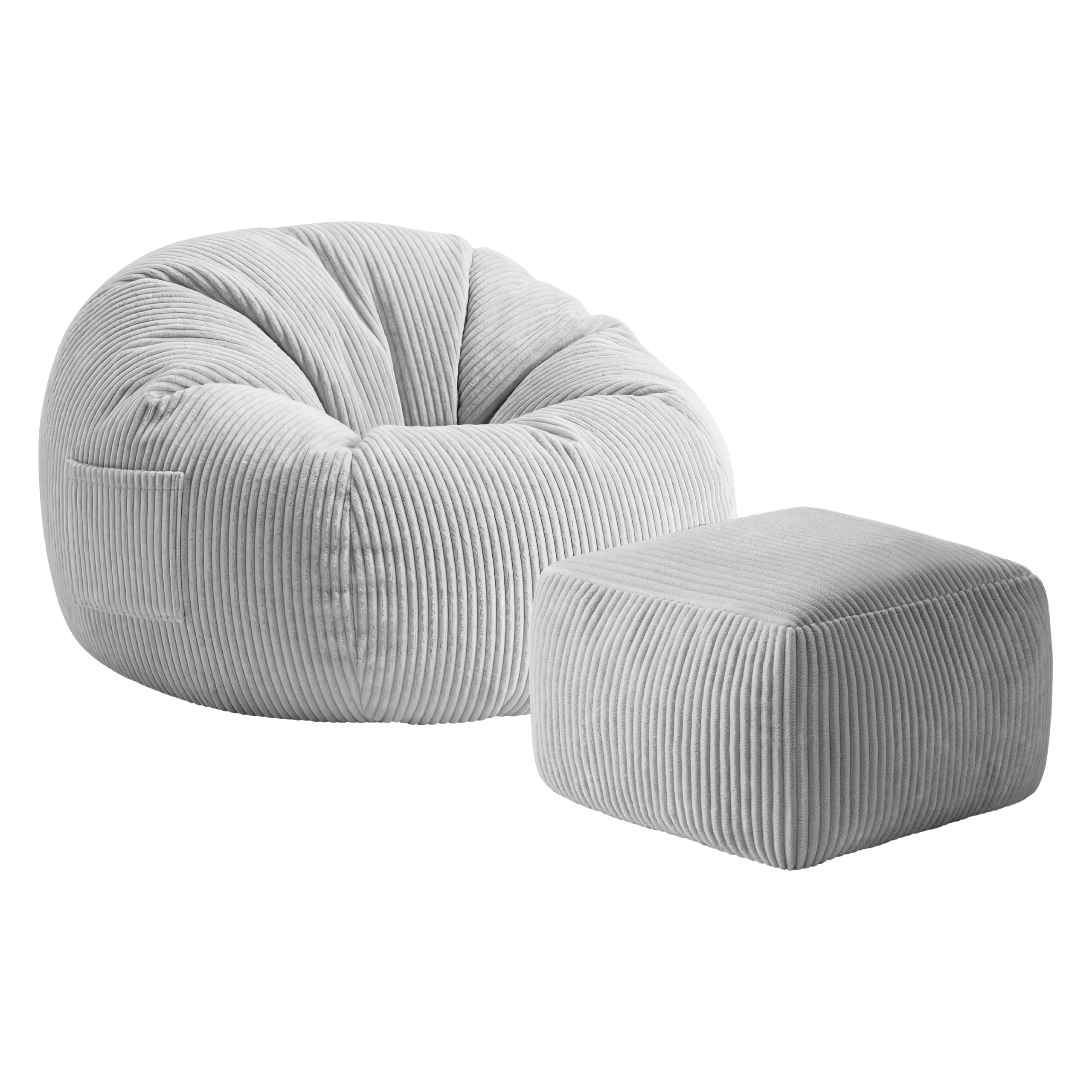 MARK ADLER Comfy 3.0 Fauteuil Pouf XXL avec Repose-Pieds en Velours Côtelé – Ensemble Siège de Sol – Bean Bag Salon Moelleux avec Poche et Poignée - Idéal pour, Terrasse et Jardin – Gris
