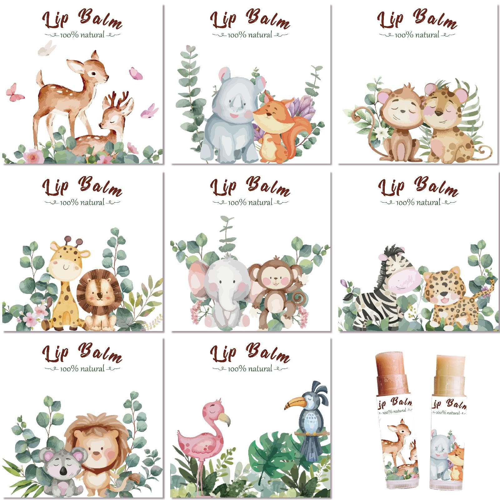 CRASPIRE 80Pcs 8 Styles Lip Balm Sticker Animals Self-Adhesive Cartoon Monkey Lion Homemade Lip Balm Containers Labels Vintage Square DIY Label Paper