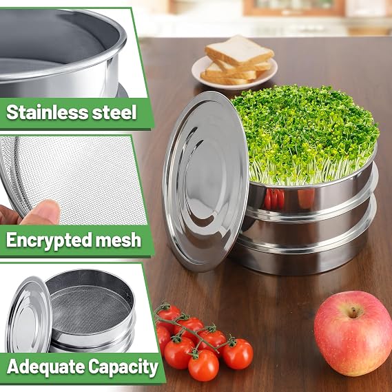 Aulock Stainless Steel Seed Sprouting Kit - 3-Tier Microgreens Growing Tray 7.9 in Dia, Stackable Round Sprouter Maker with Encrypted Mesh, Sprouts Grower for Beans Broccoli Alfalfa Seeds Wheat Grass
