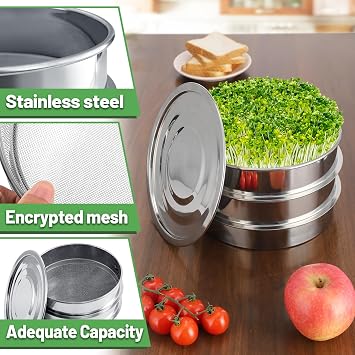 Aulock Stainless Steel Seed Sprouting Kit - 3-Tier Microgreens Growing Tray 7.9 in Dia, Stackable Round Sprouter Maker with Encrypted Mesh, Sprouts Grower for Beans Broccoli Alfalfa Seeds Wheat Grass