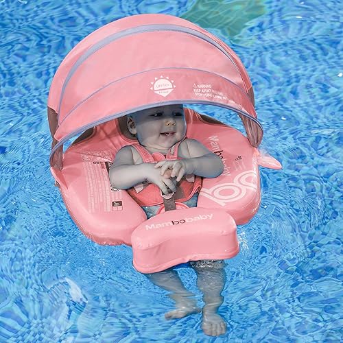 Miniatura 5 de Flotador Mambobaby no inflable con toldo, flotador de natación con protección UV para bebé con hebilla de seguridad, entrenador de natación con cola