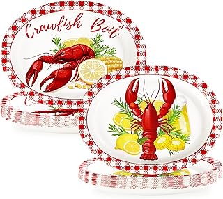 50 Pcs Crawfish Boil Party Supplies 10” x 12” Lobster Boil Oval Paper Plates Large Disposable Crawfish Red Gingham Tableware Set for Baby Shower BBQ Summer Picnic Barbecue Cookout Carnival