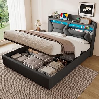 Upholstered Double Bed 140 x 200 cm with LED USB C Hydraulic Bed with Storage Space and Headboard Storage Bed Frame with Metal Frame Bed Box and Slatted Frame Linen Grey Without Mattress