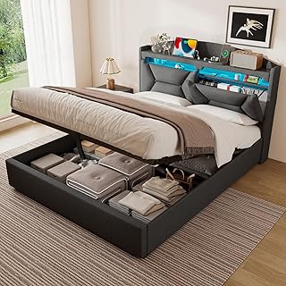 Polsterbett Doppelbett 140x200 cm mit LED, USB C, Hydraulische Bett mit Stauraum und Kopfteil, Stauraumbett Bettgestell mit Metallrahmen Bettkasten und Lattenrost, Leinen, Grau, Ohne Matratze
