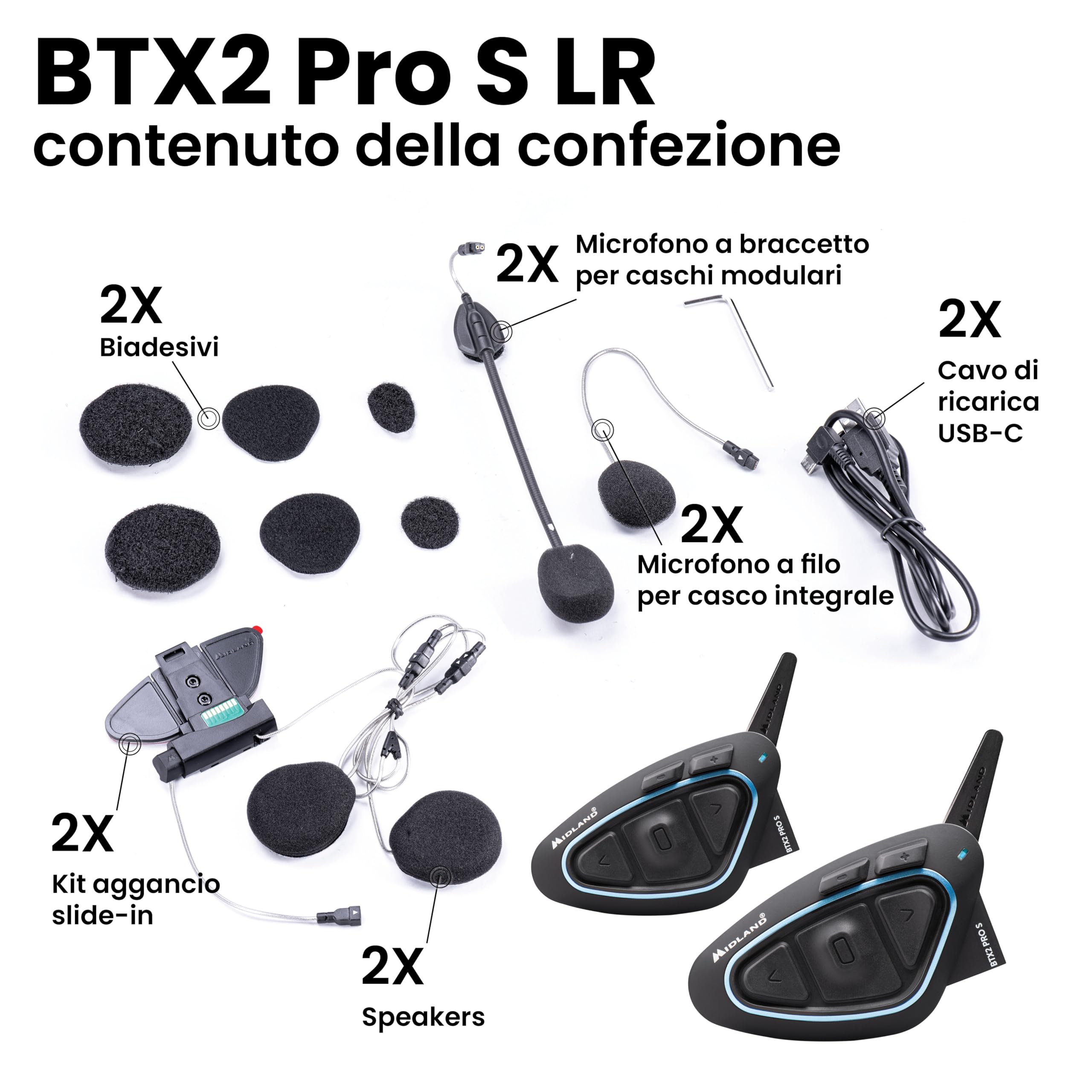 Midland - Interfono Moto Bluetooth Coppia BTX2 Pro S LR Twin, Auricolari Casco Waterproof IPX6, Doppio Processore BT, 1,6Km, 4 Coppie, Batteria 23H, Cancellazione Rumore Audio Hi-Fi Universal Intercom